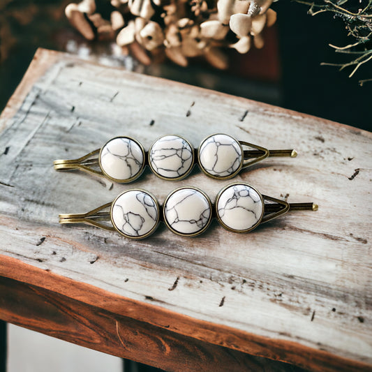 White Marble Hair Pins – Minimal Boho Stone Hair Clips in Bronze Tone