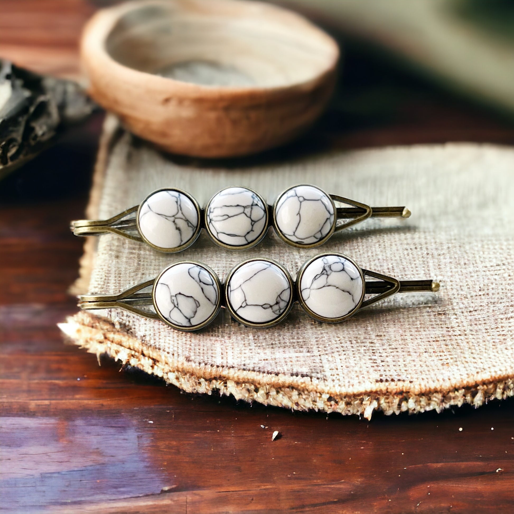 White Marble Hair Pins – Minimal Boho Stone Hair Clips in Bronze Tone