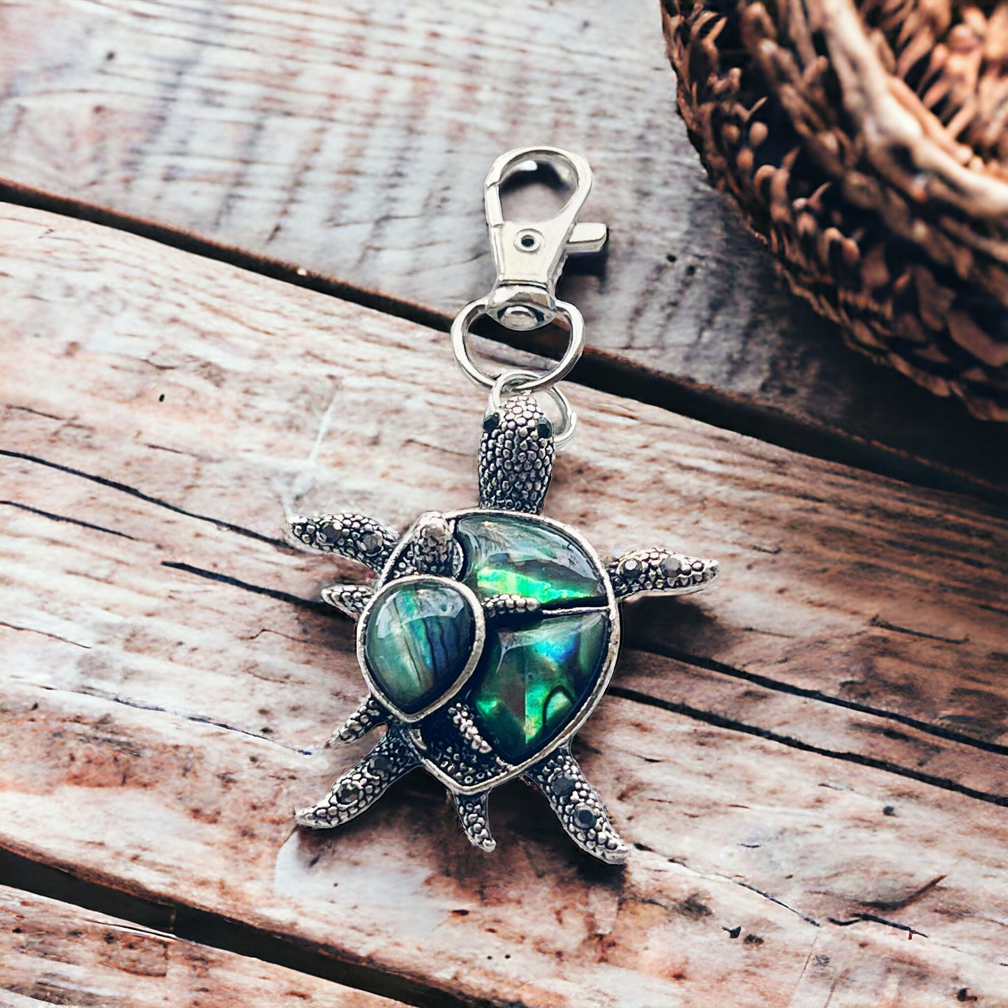 Turtle with Baby Purse Charm with Natural Abalone - Adorable Coastal-Inspired Accessory