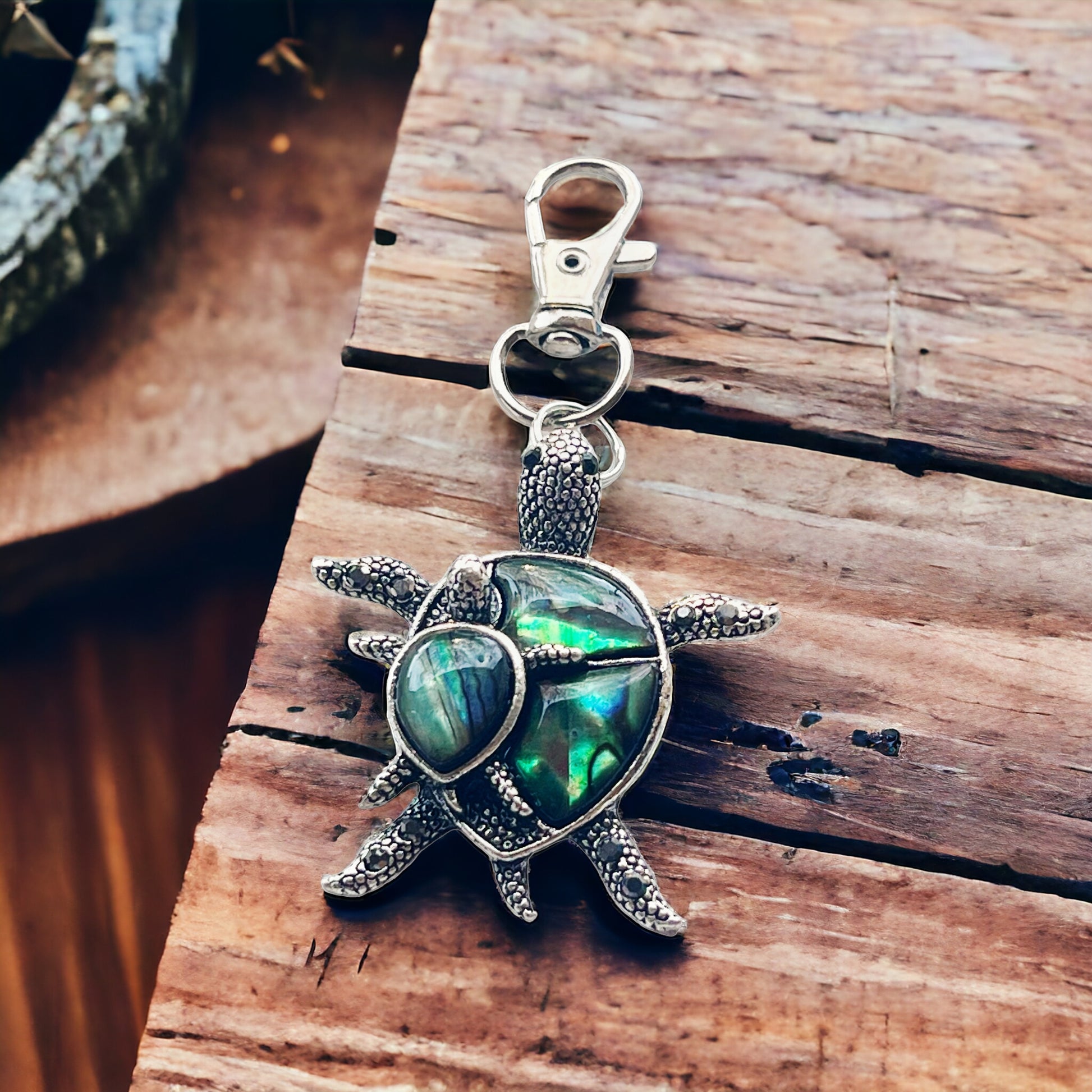 Turtle with Baby Purse Charm with Natural Abalone - Adorable Coastal-Inspired Accessory