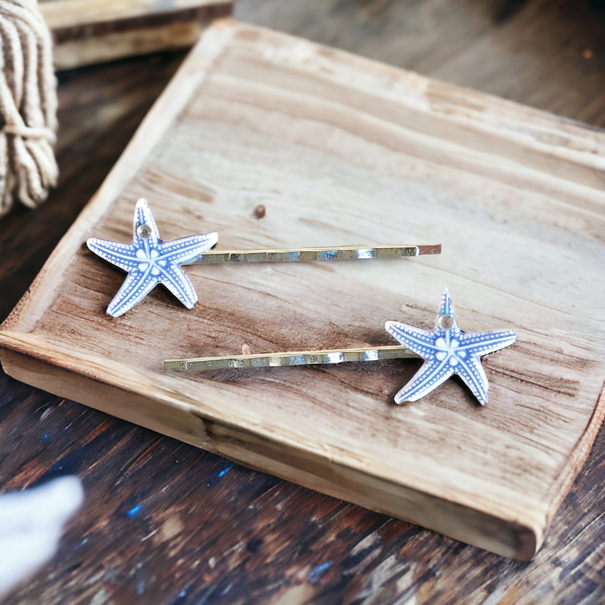 Blue Starfish Hair Pins with Rhinestones - Coastal-Inspired Hair Accessories