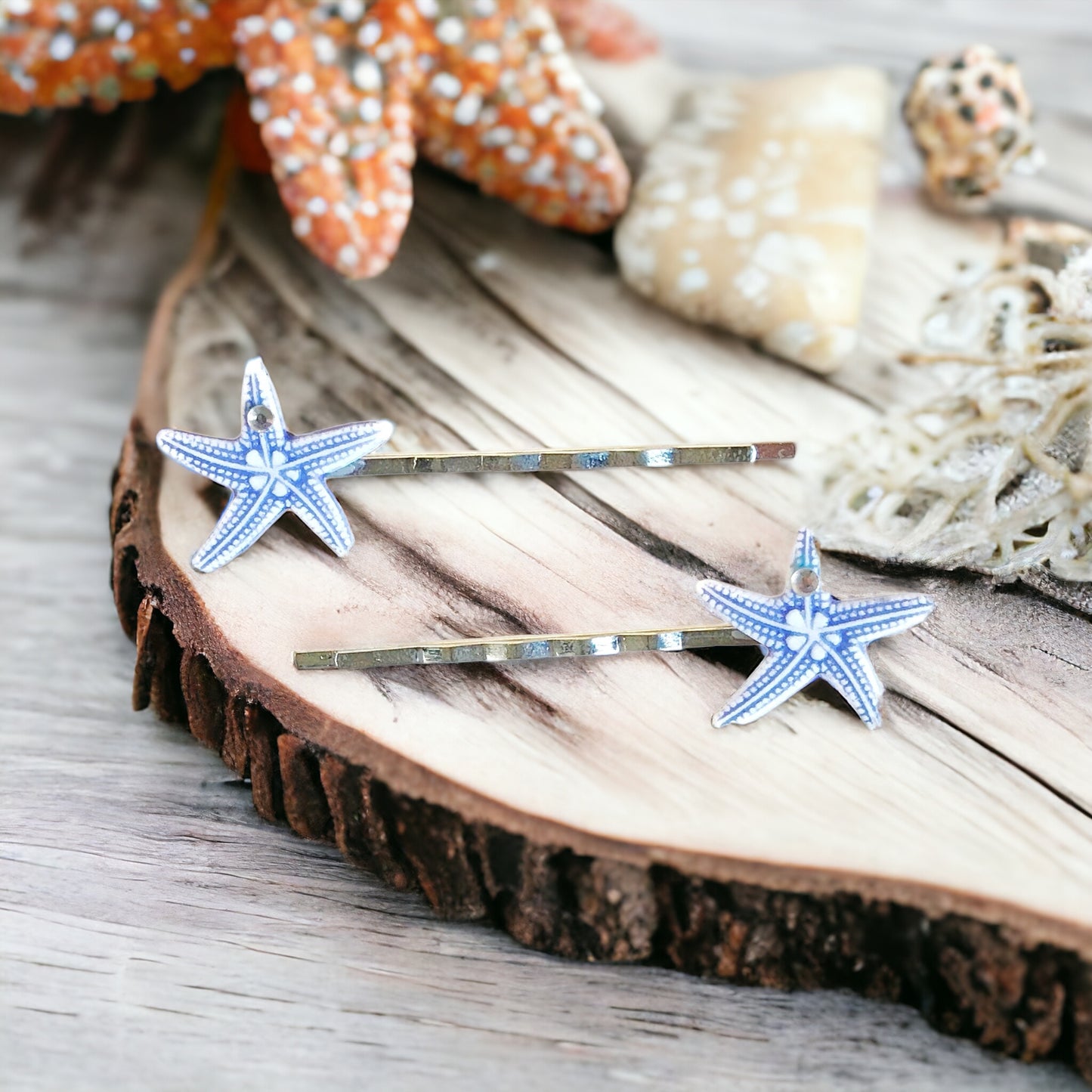 Blue Starfish Hair Pins with Rhinestones - Coastal-Inspired Hair Accessories