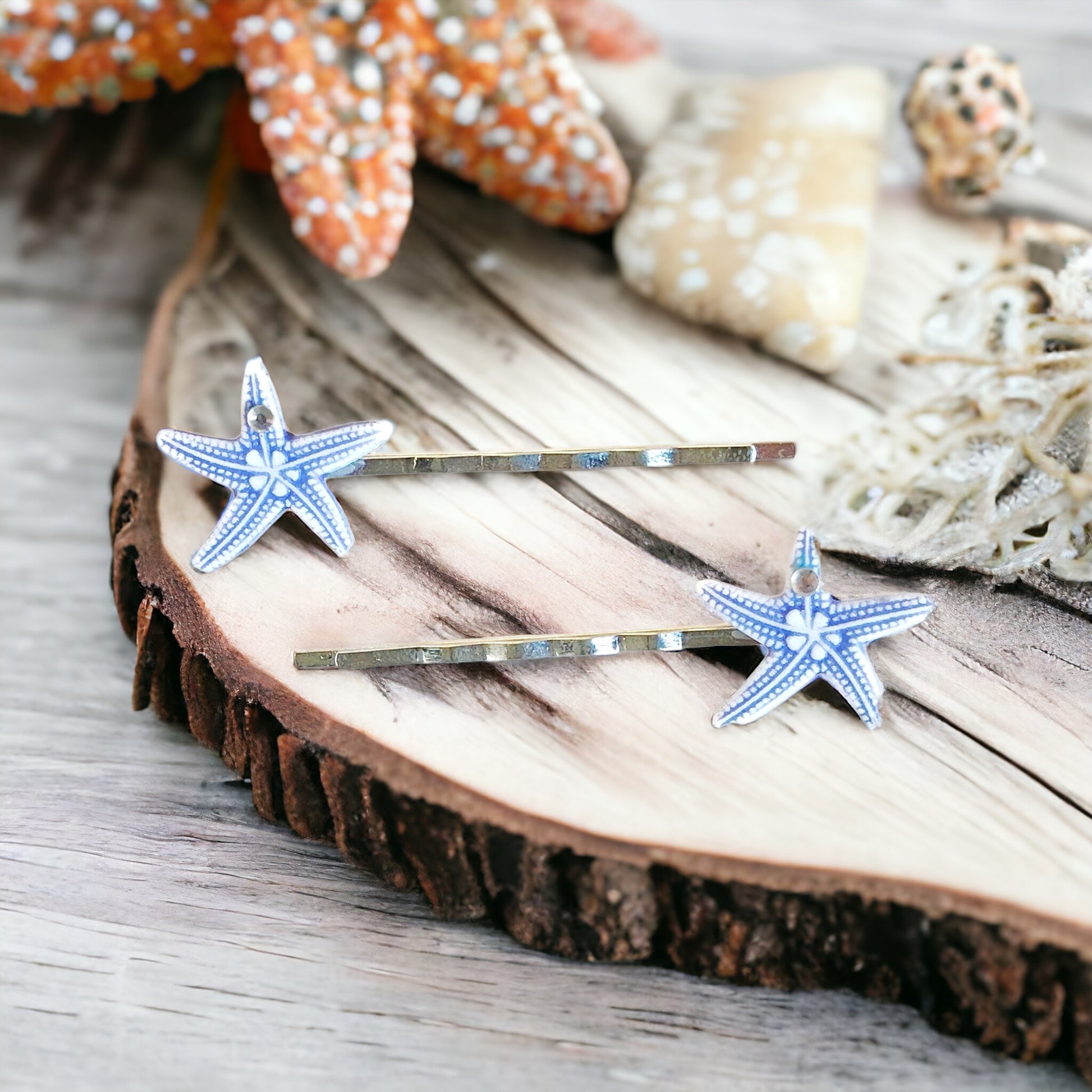 Blue Starfish Hair Pins with Rhinestones - Coastal-Inspired Hair Accessories