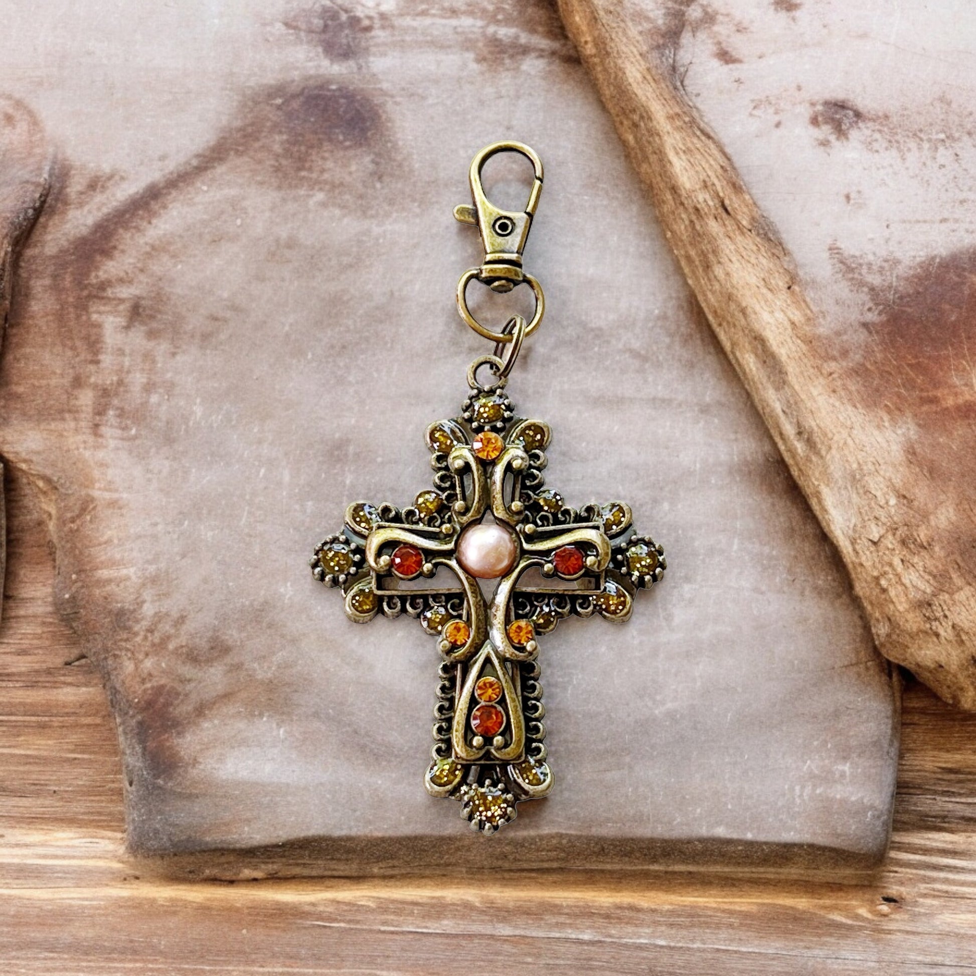 Ornate Cross Purse Charm – Vintage Bronze Keychain with Amber Rhinestones & Pearl