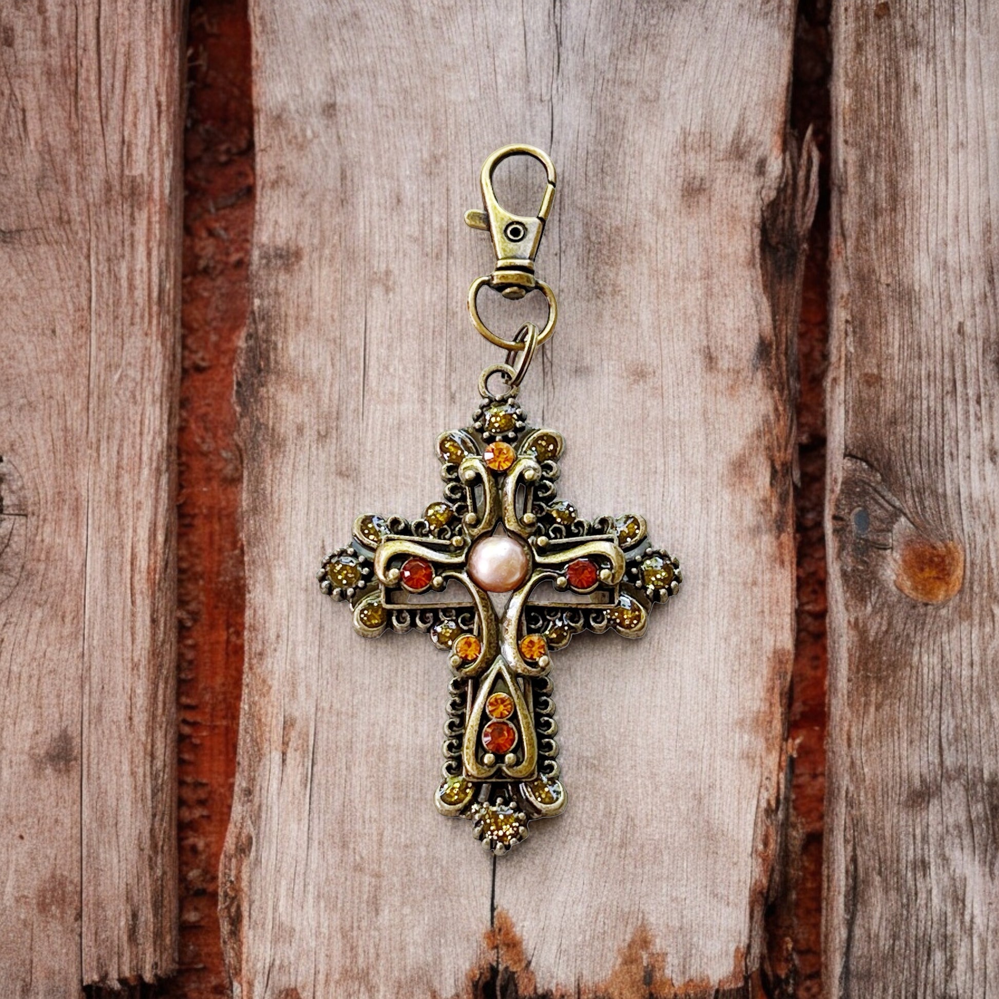 Ornate Cross Purse Charm – Vintage Bronze Keychain with Amber Rhinestones & Pearl