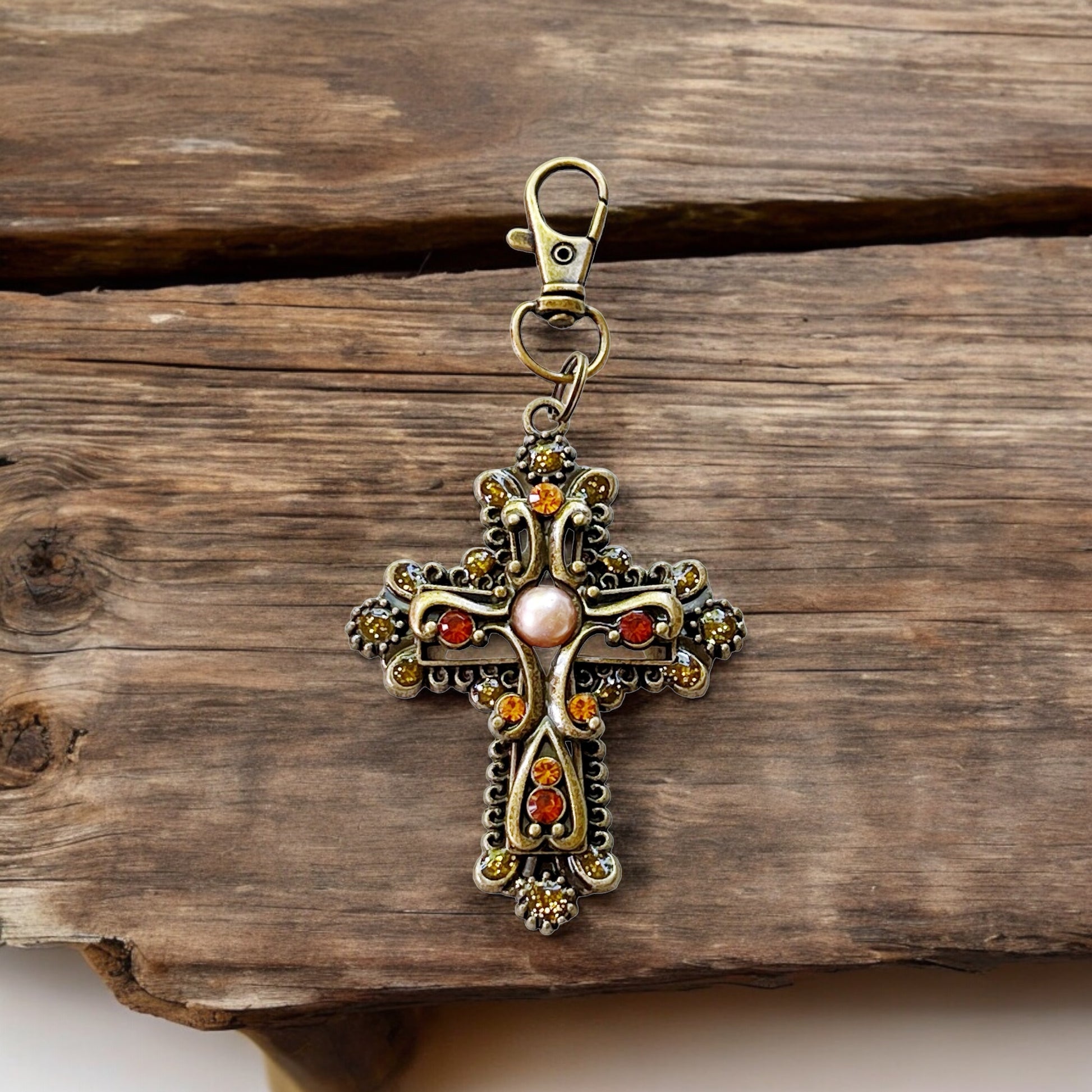 Ornate Cross Purse Charm – Vintage Bronze Keychain with Amber Rhinestones & Pearl