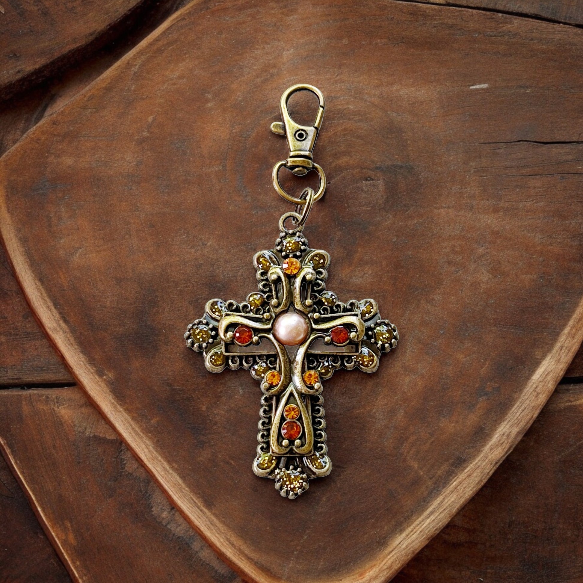 Ornate Cross Purse Charm – Vintage Bronze Keychain with Amber Rhinestones & Pearl