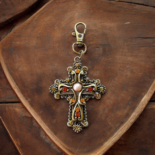 Ornate Cross Purse Charm – Vintage Bronze Keychain with Amber Rhinestones & Pearl