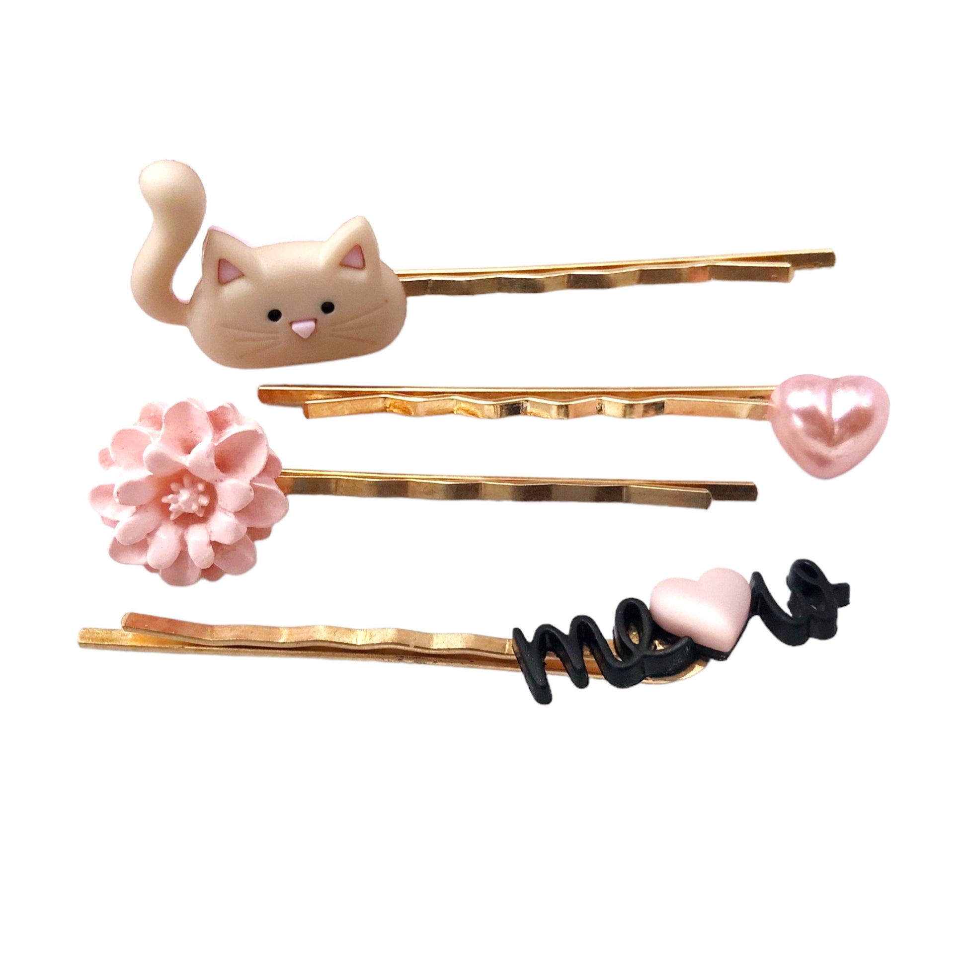 Set of Tan Cat, Pink Heart, Pink Flower, & Meow Hair Pins: Adorable Accessories for Cute Hairstyles"