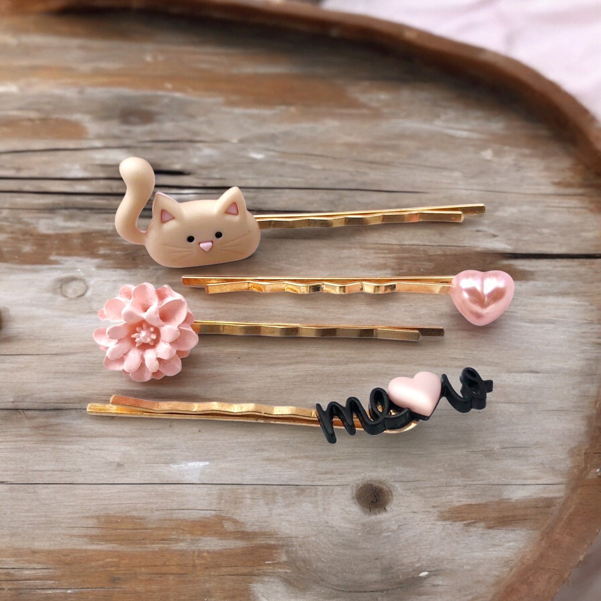 Set of Tan Cat, Pink Heart, Pink Flower, & Meow Hair Pins: Adorable Accessories for Cute Hairstyles"