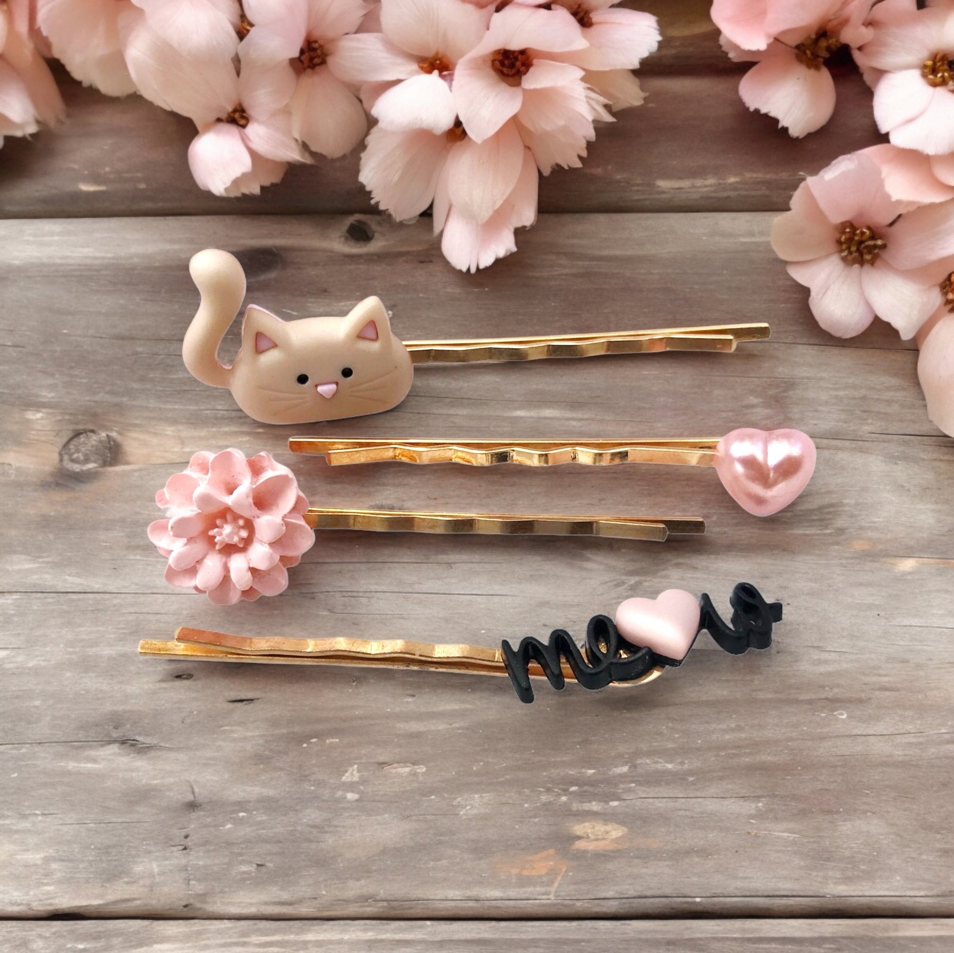 Set of Tan Cat, Pink Heart, Pink Flower, & Meow Hair Pins: Adorable Accessories for Cute Hairstyles"