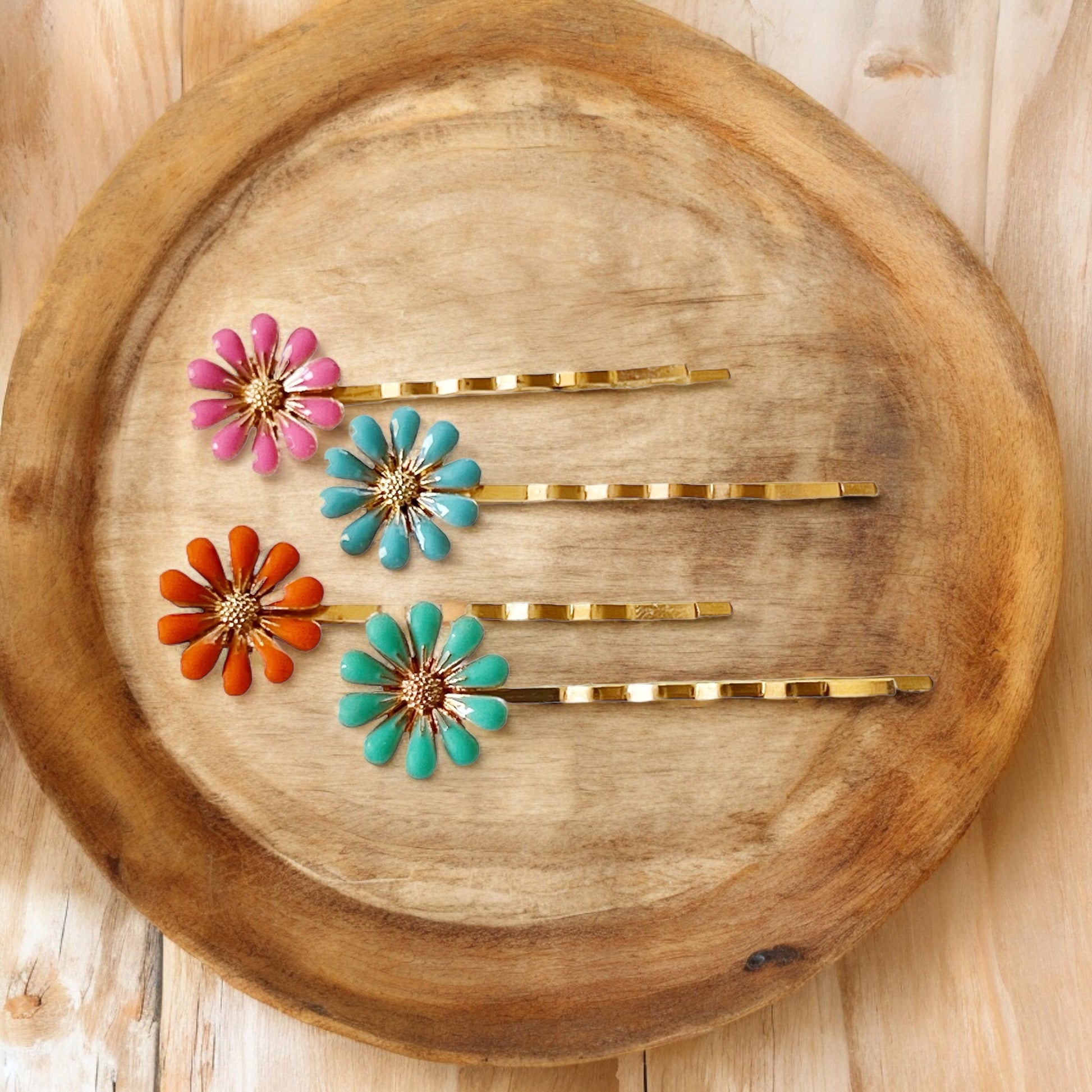 Colorful Daisy Hair Pins – Gold Bobby Pin Set with Enamel Flower Accents
