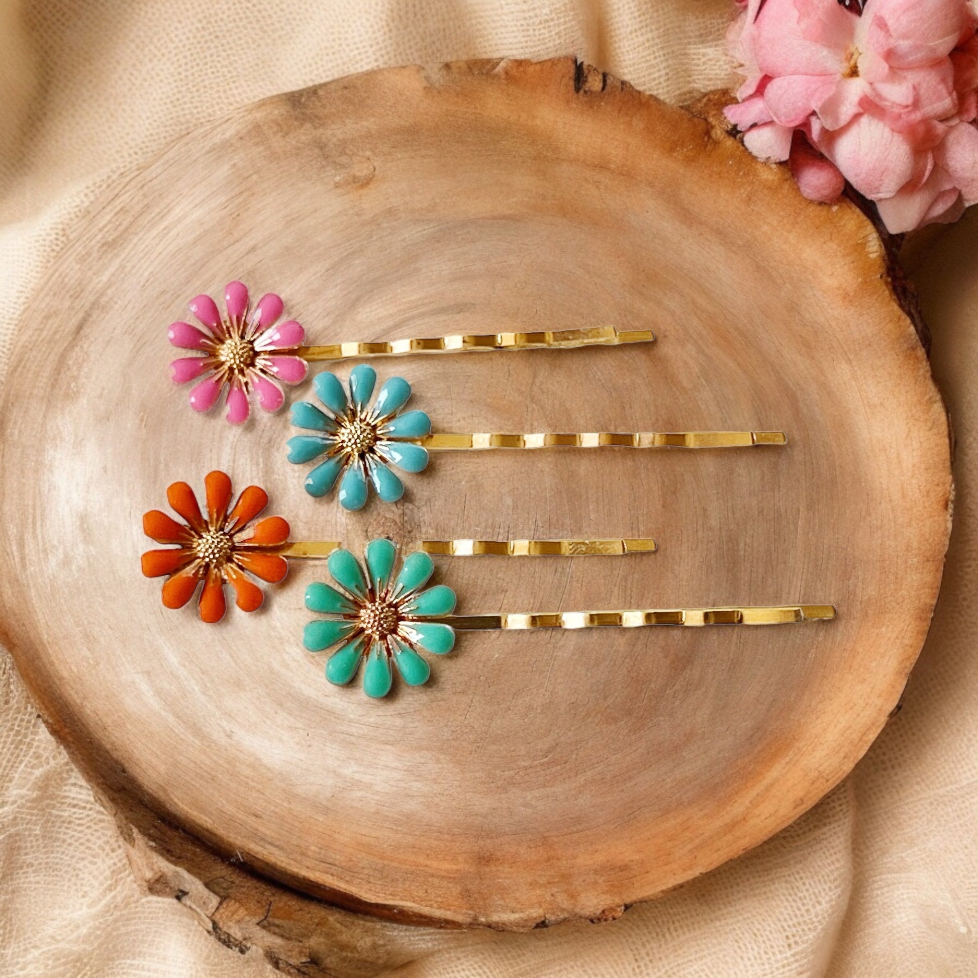 Colorful Daisy Hair Pins – Gold Bobby Pin Set with Enamel Flower Accents