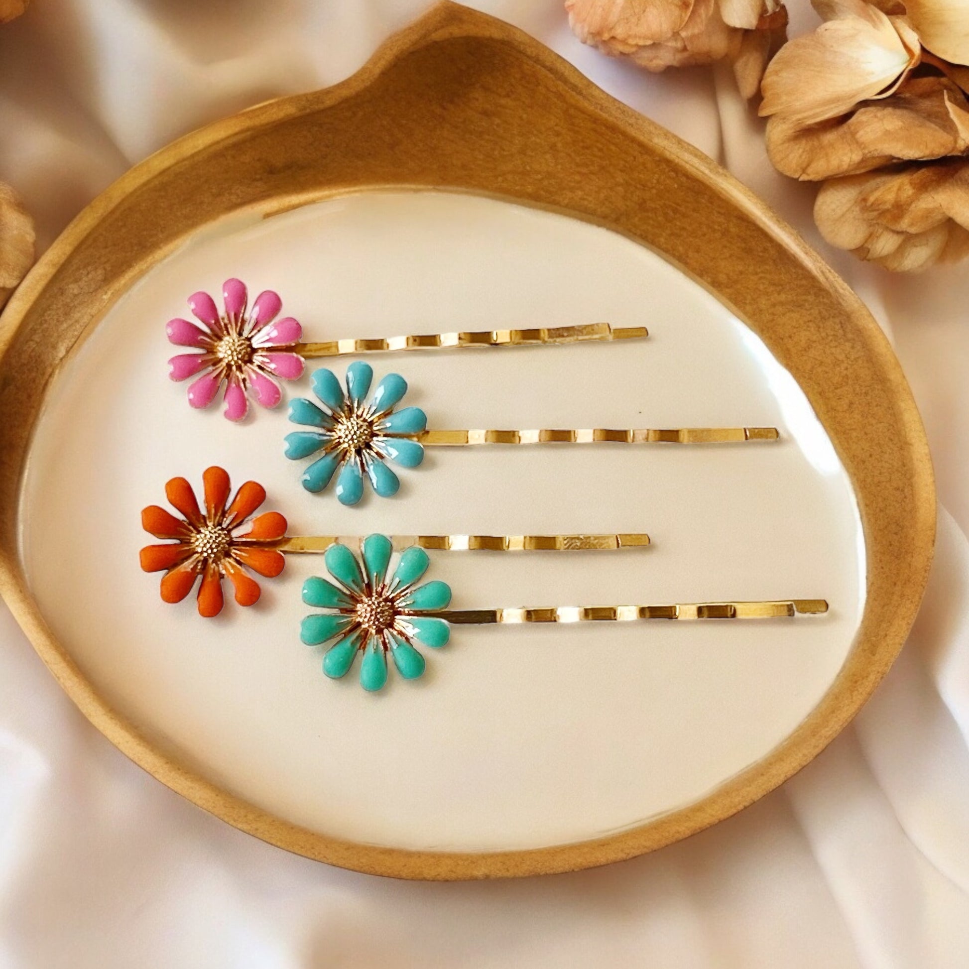 Colorful Daisy Hair Pins – Gold Bobby Pin Set with Enamel Flower Accents