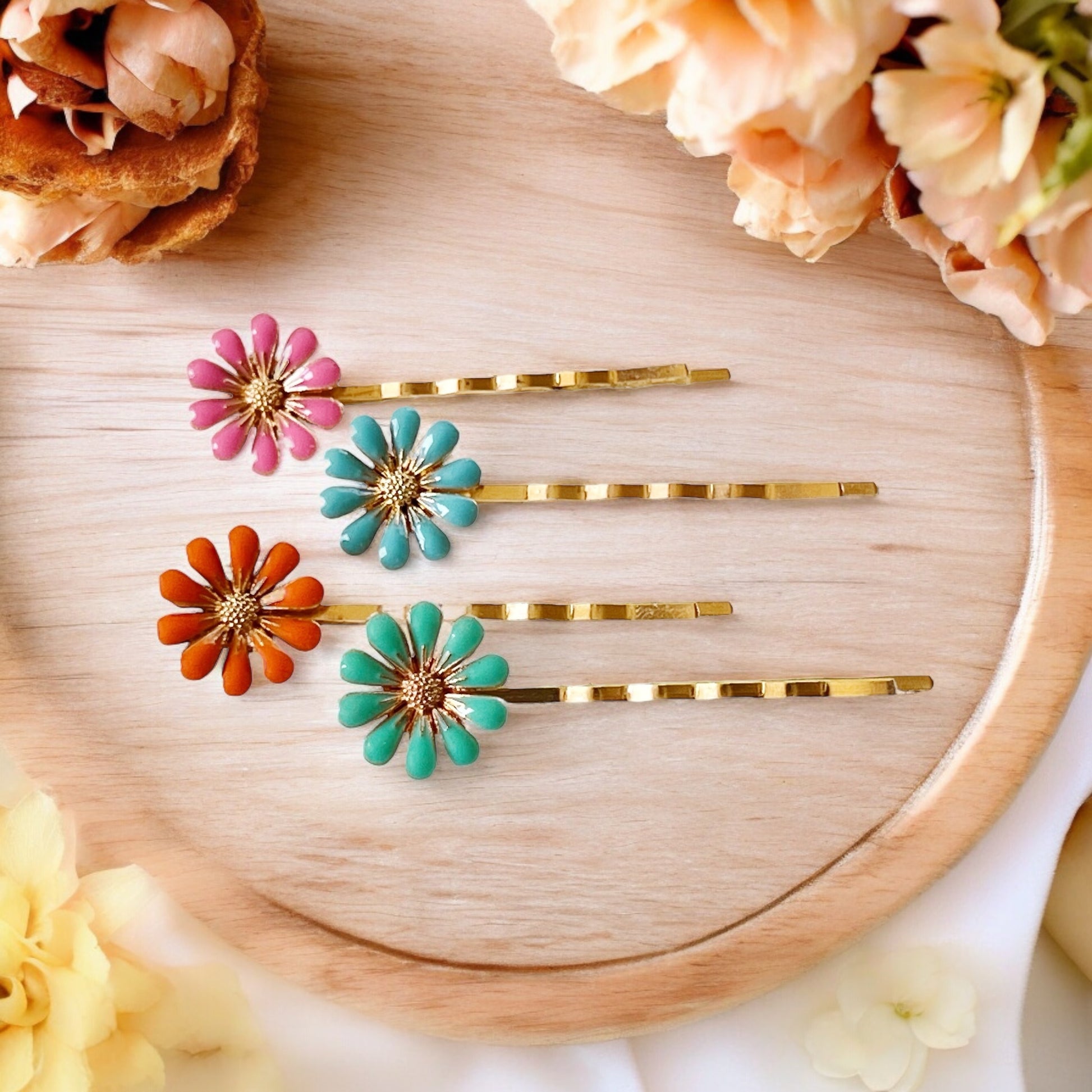 Colorful Daisy Hair Pins – Gold Bobby Pin Set with Enamel Flower Accents