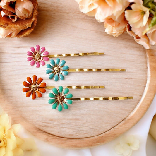 Colorful Daisy Hair Pins – Gold Bobby Pin Set with Enamel Flower Accents