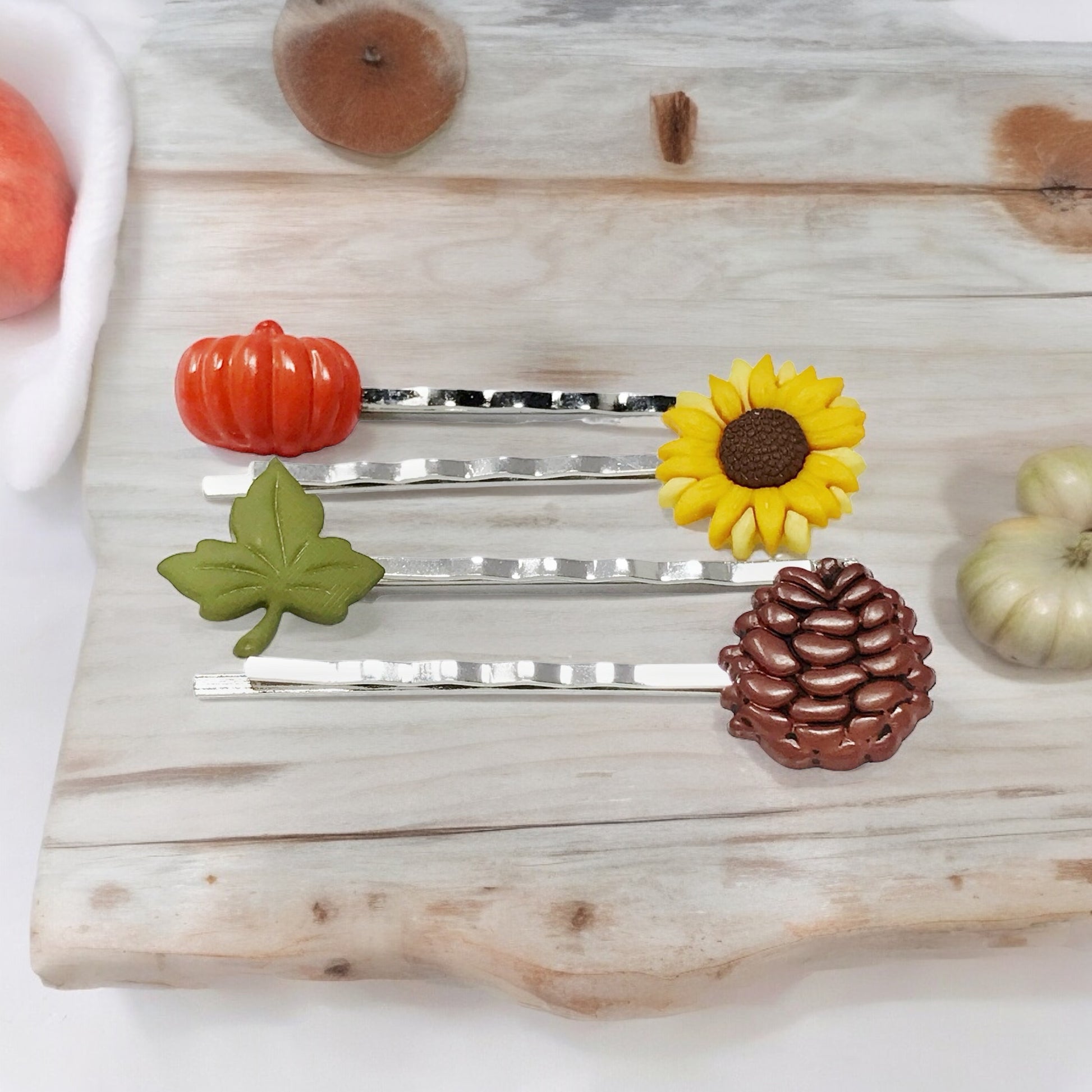 Autumn Harvest Hair Pin Set – Silver Bobby Pins with Pumpkin, Sunflower & Pinecone