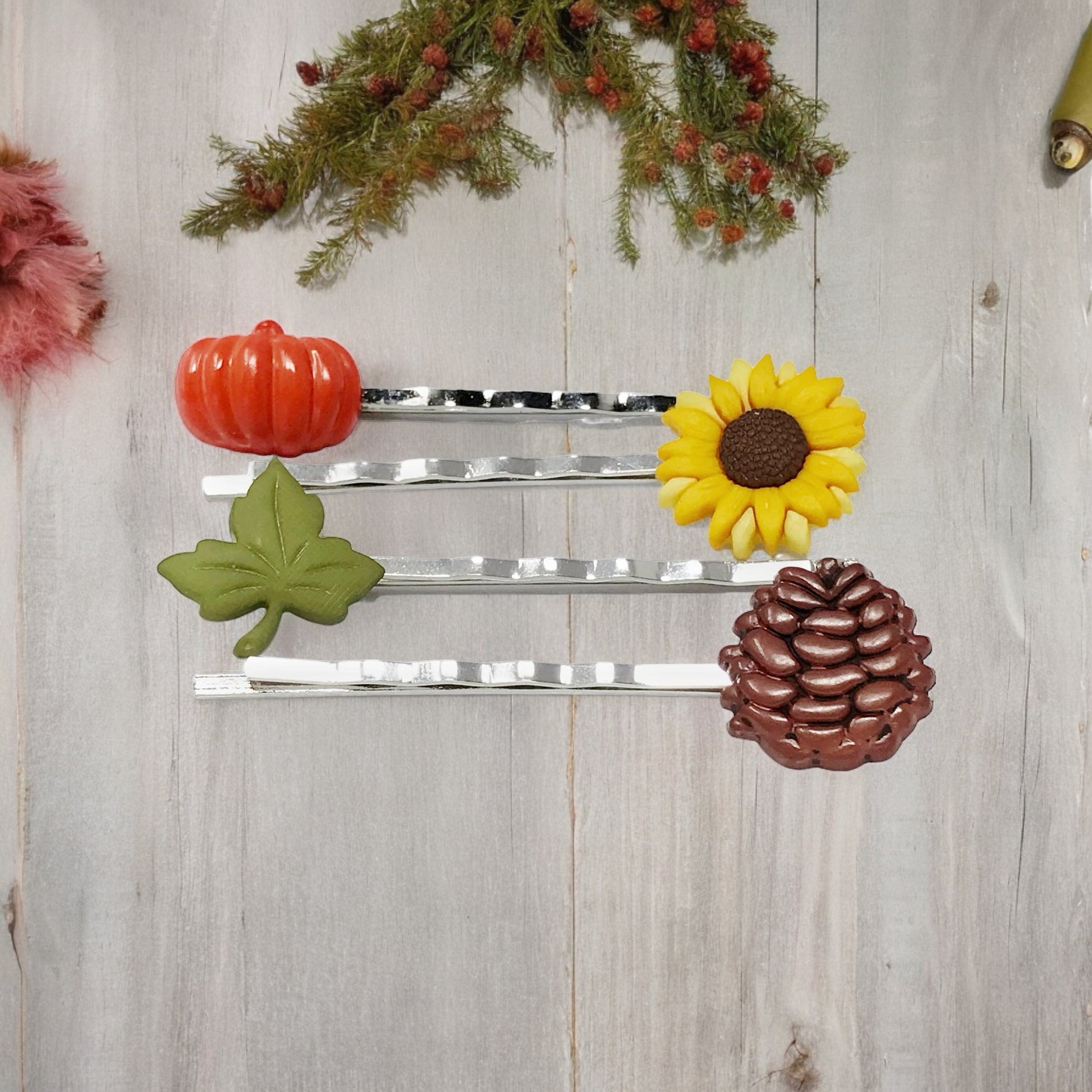 Autumn Harvest Hair Pin Set – Silver Bobby Pins with Pumpkin, Sunflower & Pinecone