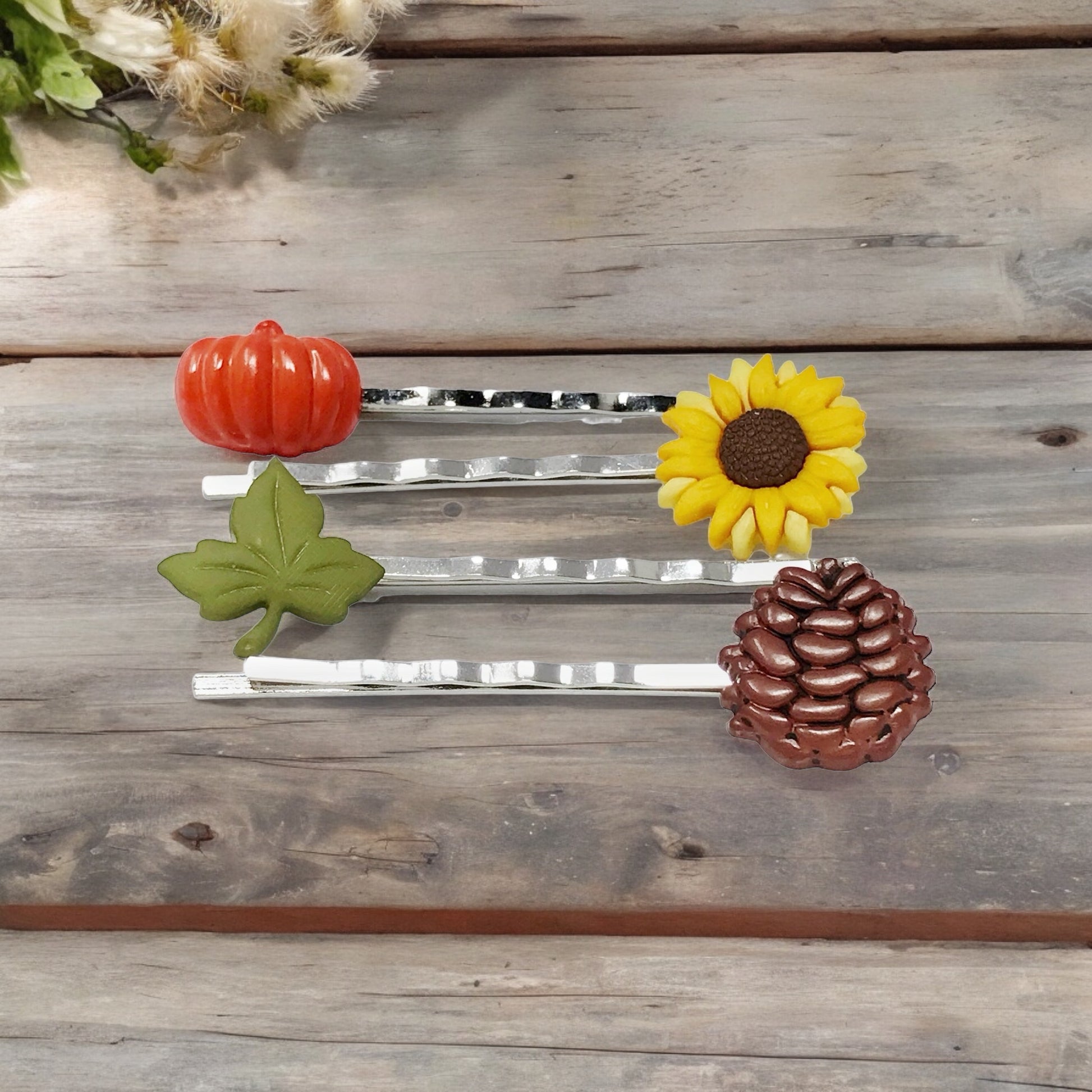 Autumn Harvest Hair Pin Set – Silver Bobby Pins with Pumpkin, Sunflower & Pinecone