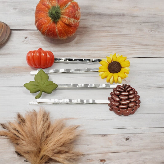 Autumn Harvest Hair Pin Set – Silver Bobby Pins with Pumpkin, Sunflower & Pinecone