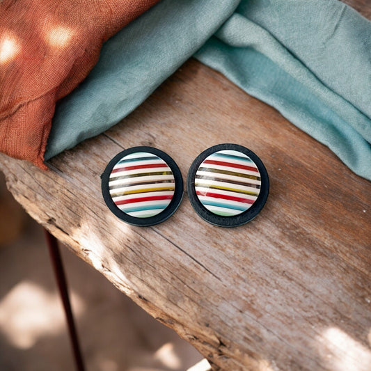 Striped Resin Stud Earrings – Multicolor Round Handmade Boho Jewelry