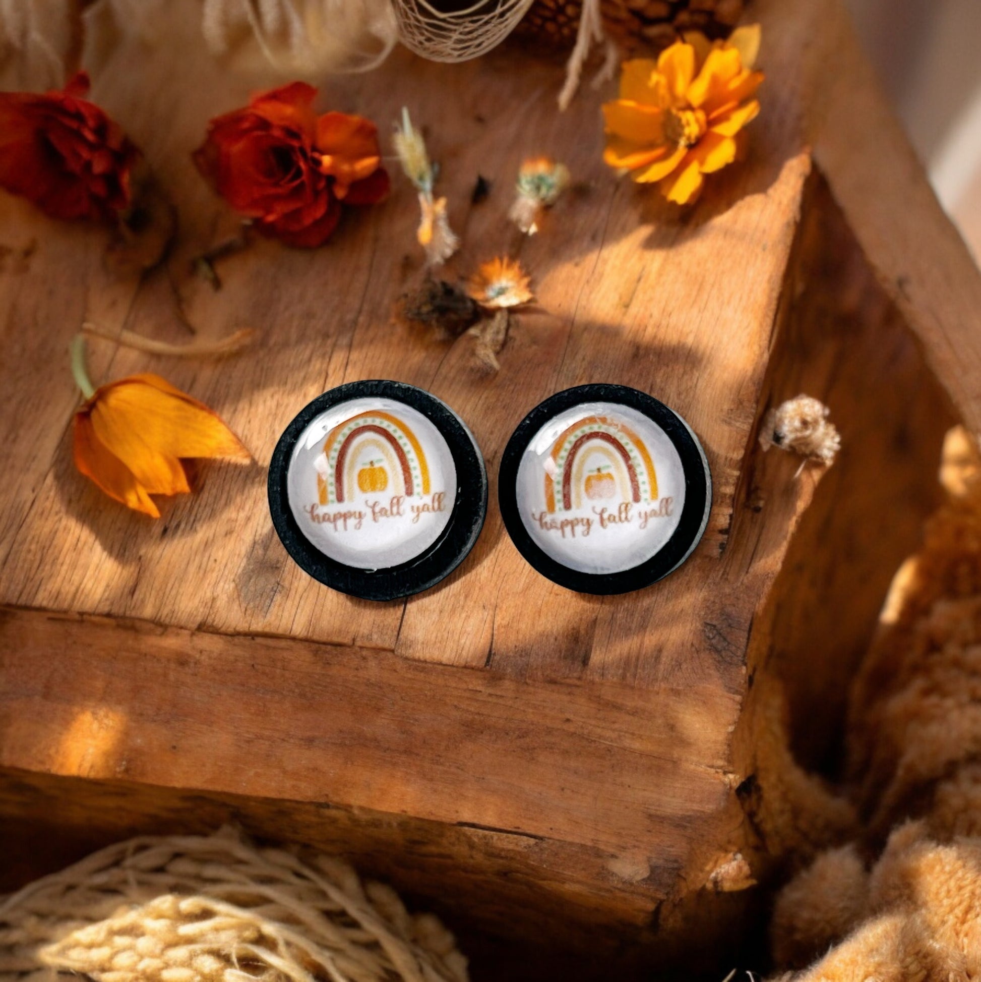 Boho Rainbow Happy Fall Y’all Stud Earrings - Festive Autumn Accessories
