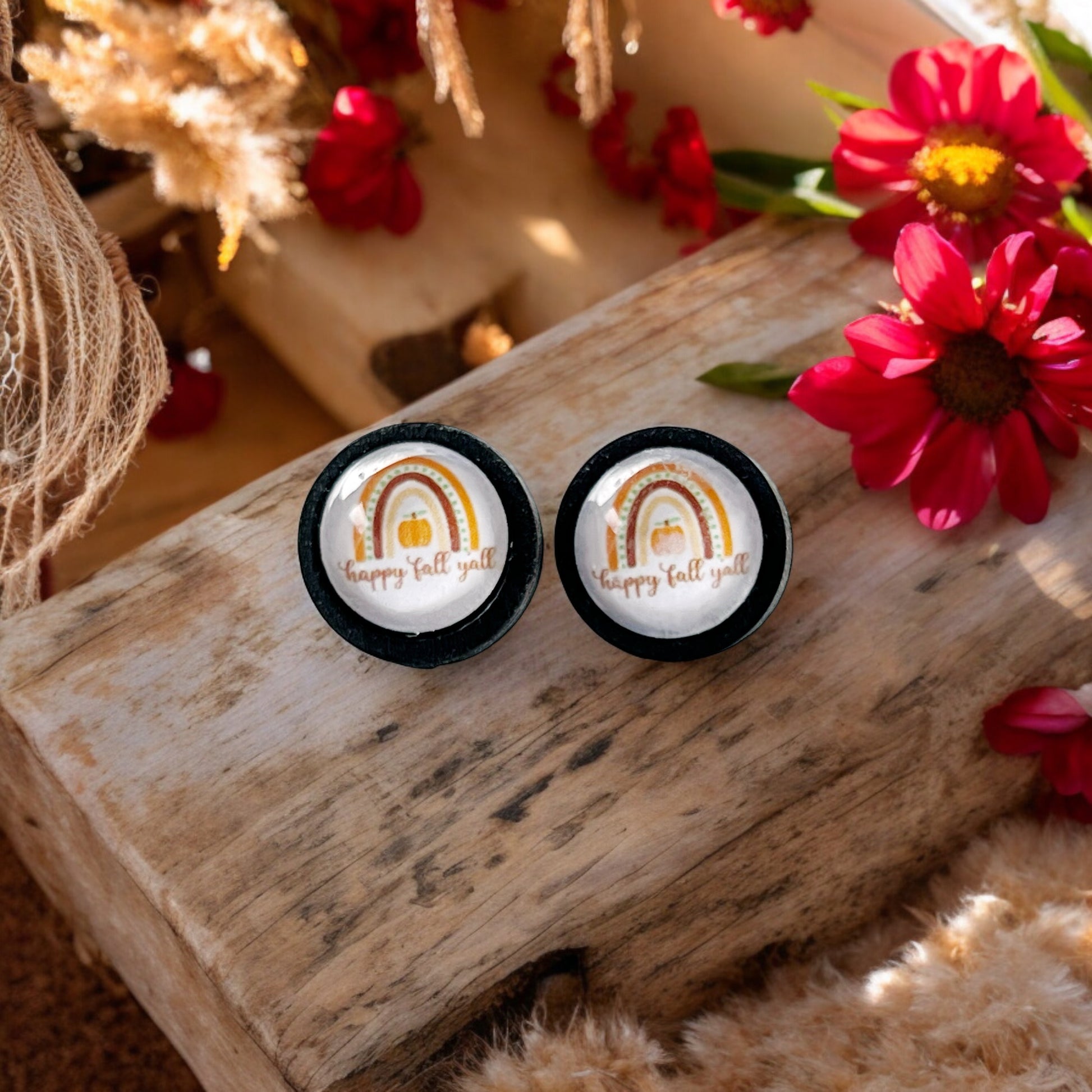 Boho Rainbow Happy Fall Y’all Stud Earrings - Festive Autumn Accessories