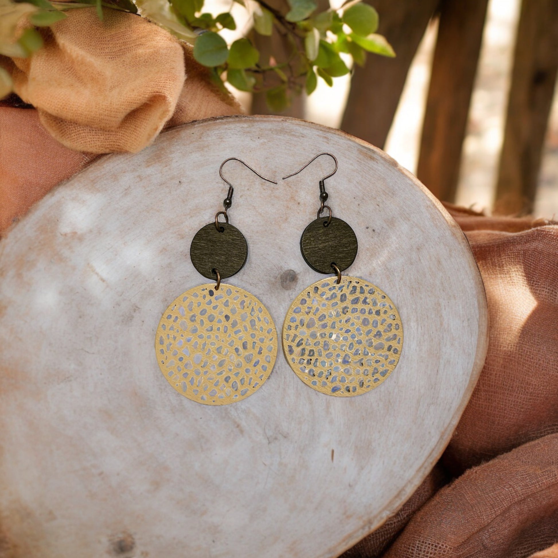 Wooden Dangle Earrings – Beige & Brown Chic Circle Design