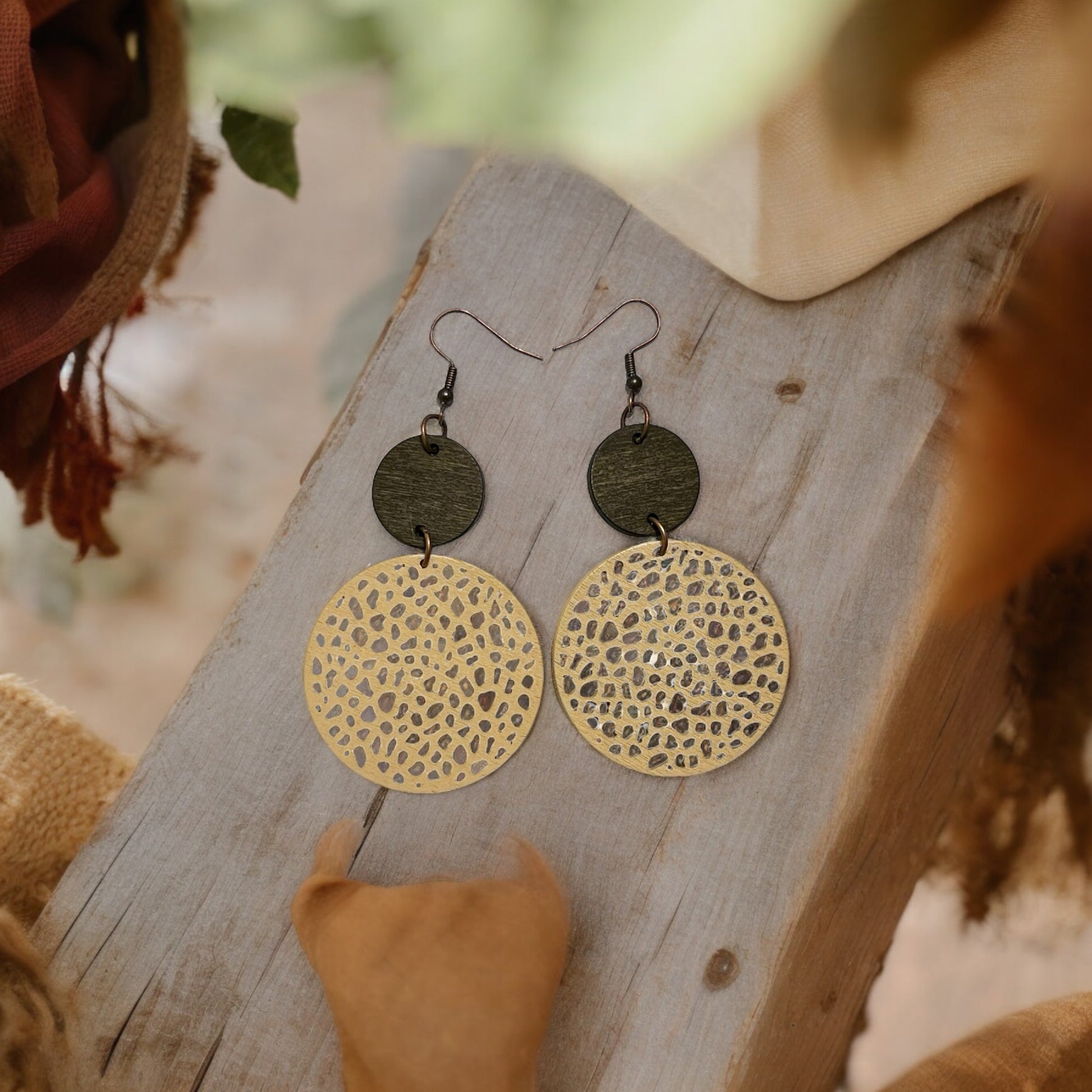 Wooden Dangle Earrings – Beige & Brown Chic Circle Design
