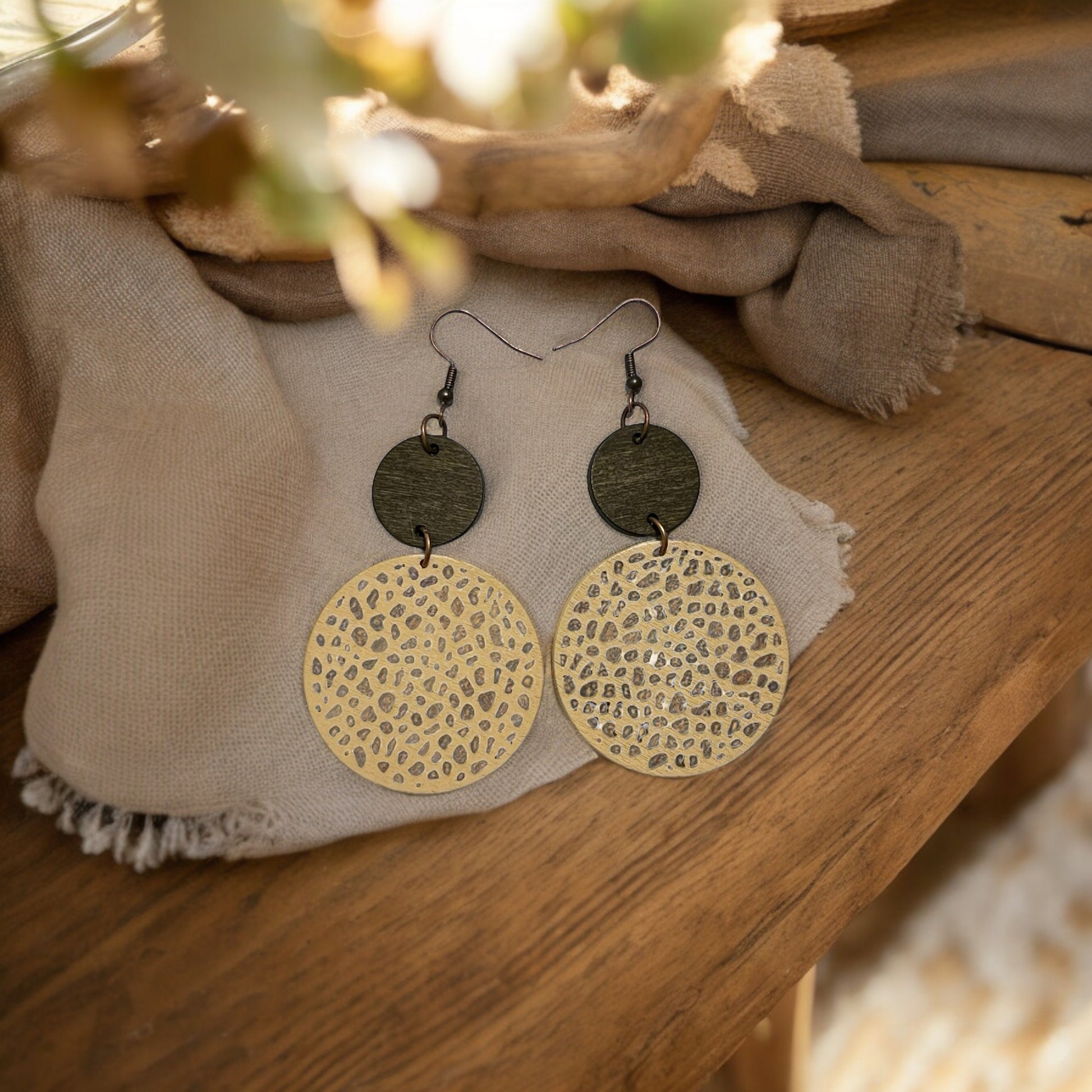 Wooden Dangle Earrings – Beige & Brown Chic Circle Design