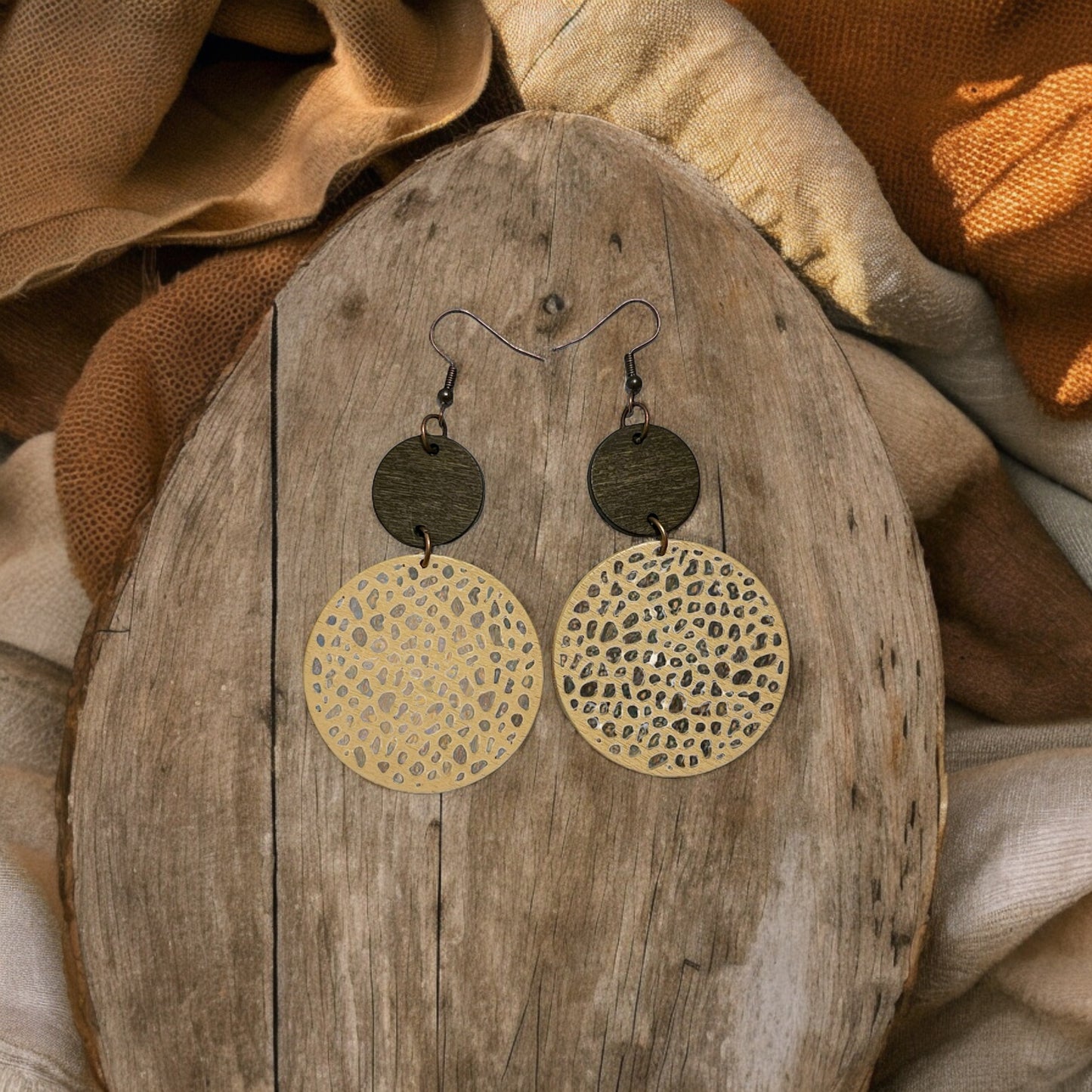 Wooden Dangle Earrings – Beige & Brown Chic Circle Design