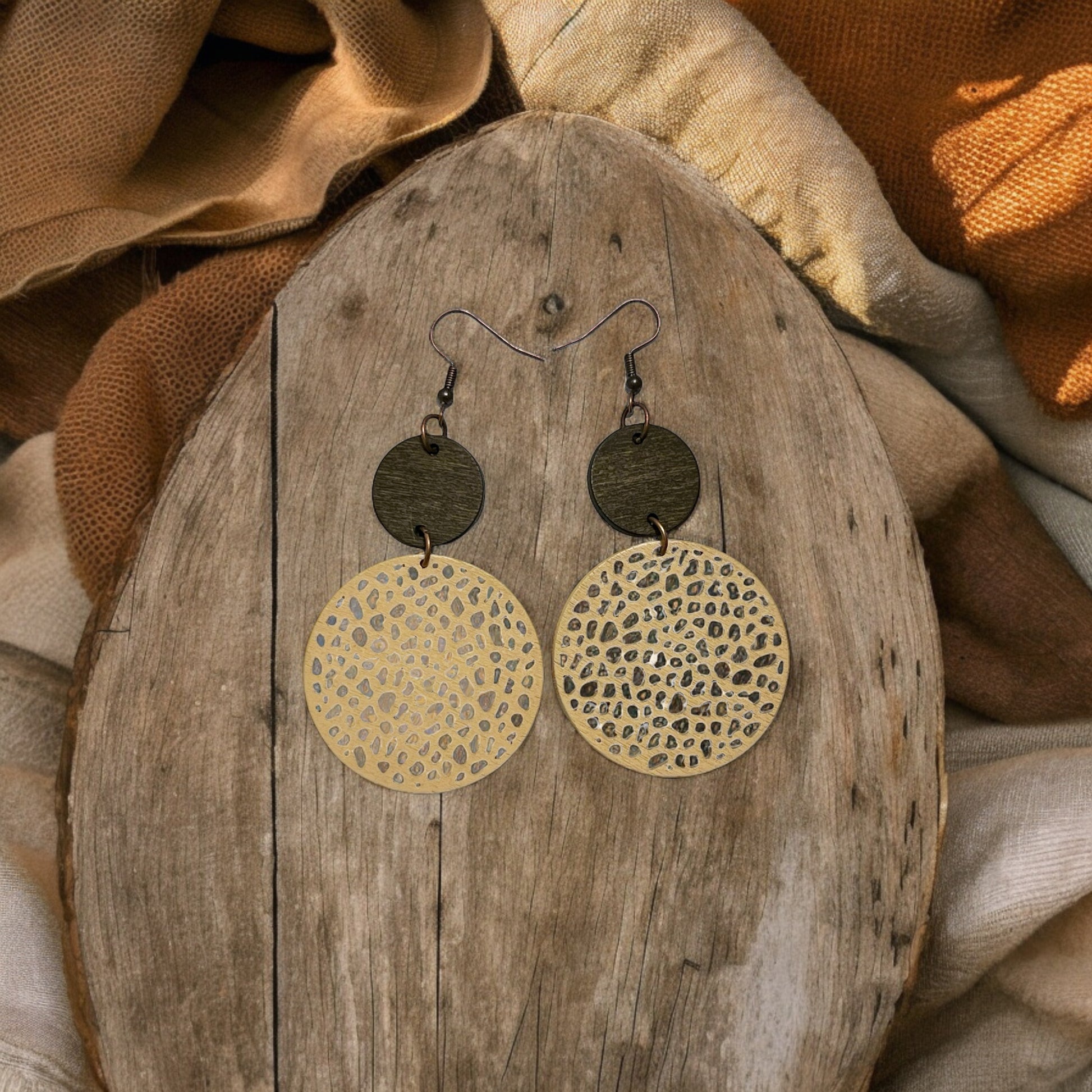 Wooden Dangle Earrings – Beige & Brown Chic Circle Design