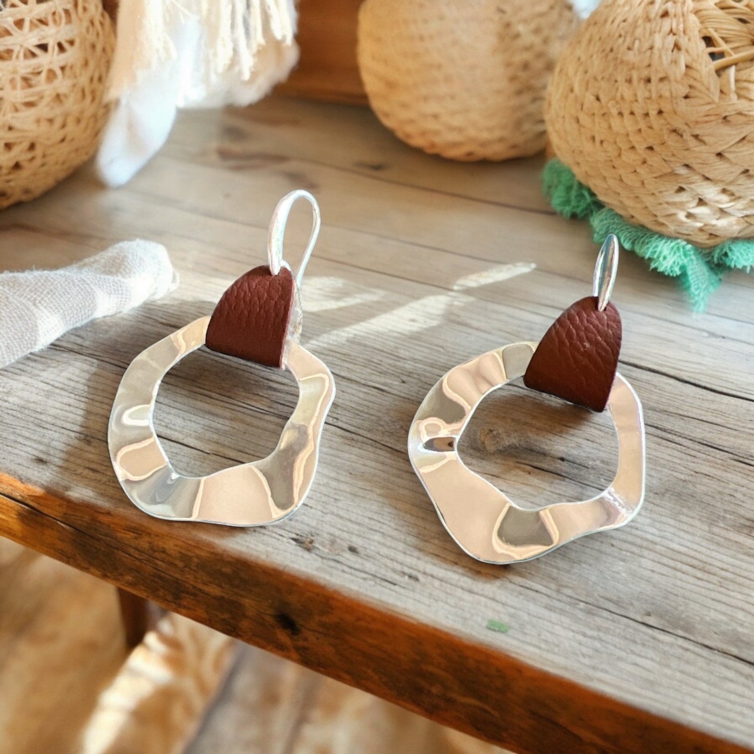 Geometric Swirl Silver & Leather Earrings – Modern Boho Accessories
