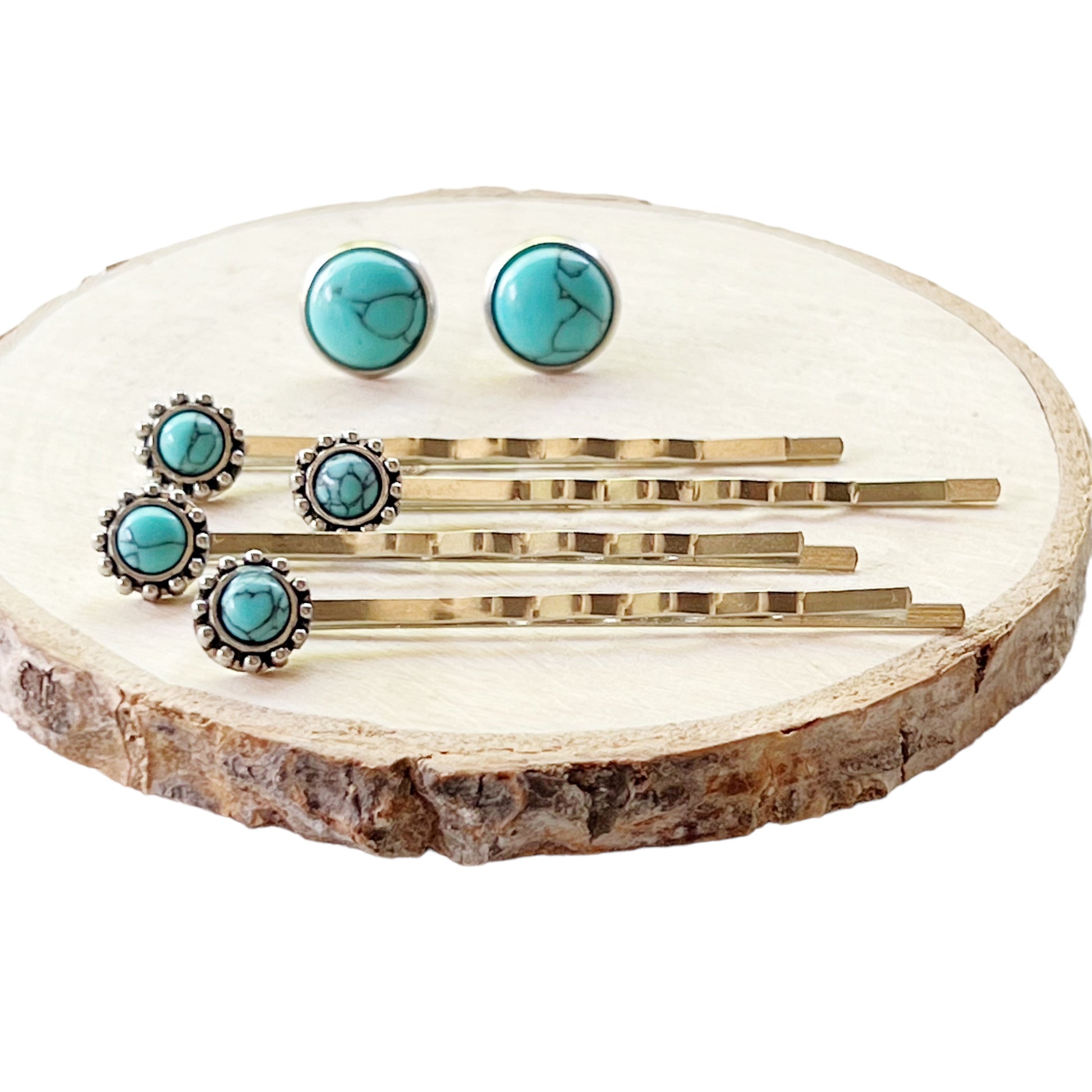 Women's Western Turquoise Hair Pins with Matching 10mm Earrings - Stylish Set for Western-inspired Looks