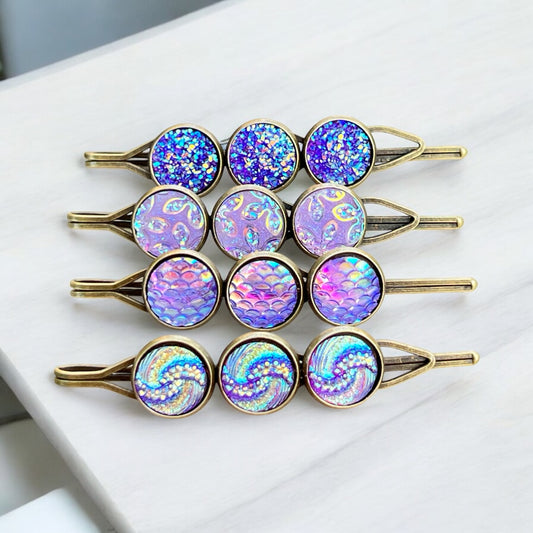Purple Druzy Hair Pins: Set of 4 Stylish Accessories with Unique Patterns