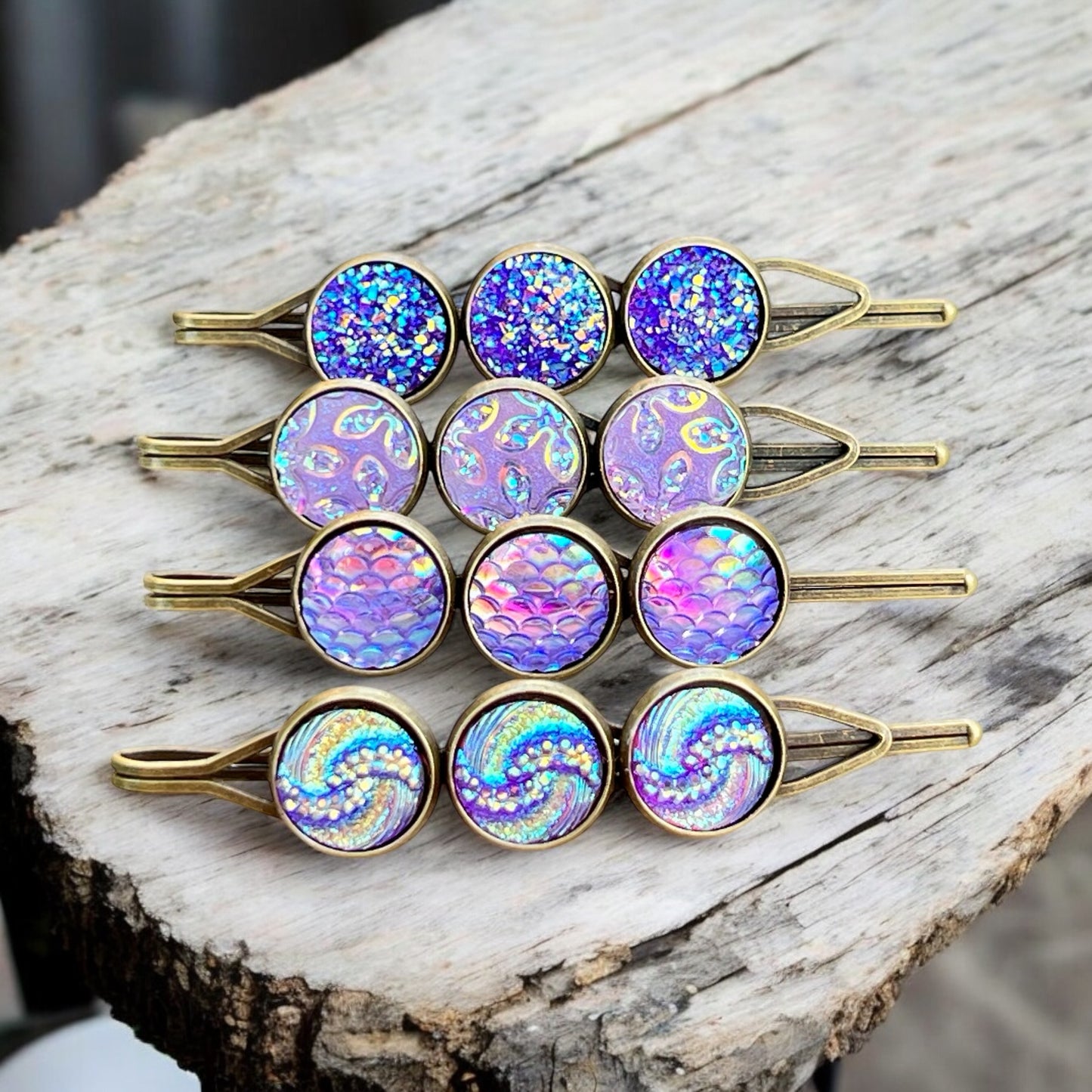 Purple Druzy Hair Pins: Set of 4 Stylish Accessories with Unique Patterns