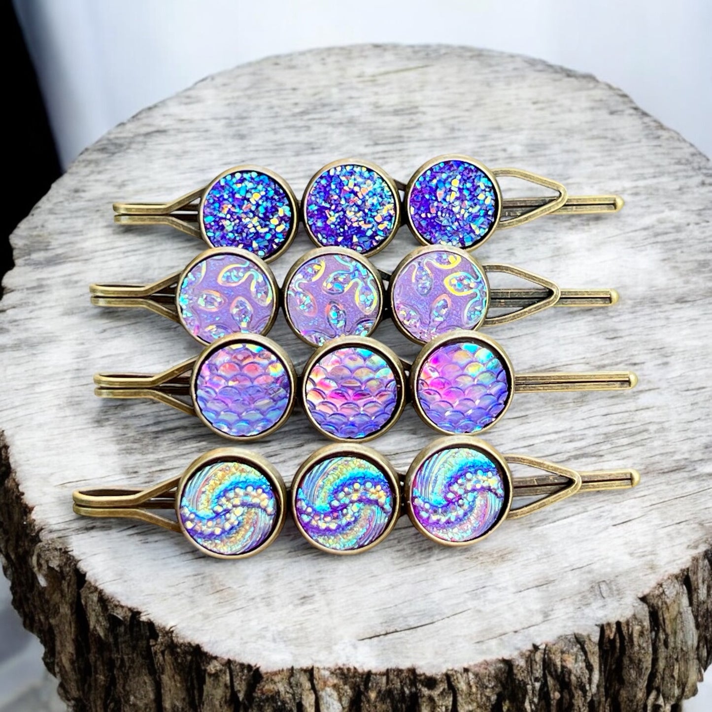 Purple Druzy Hair Pins: Set of 4 Stylish Accessories with Unique Patterns