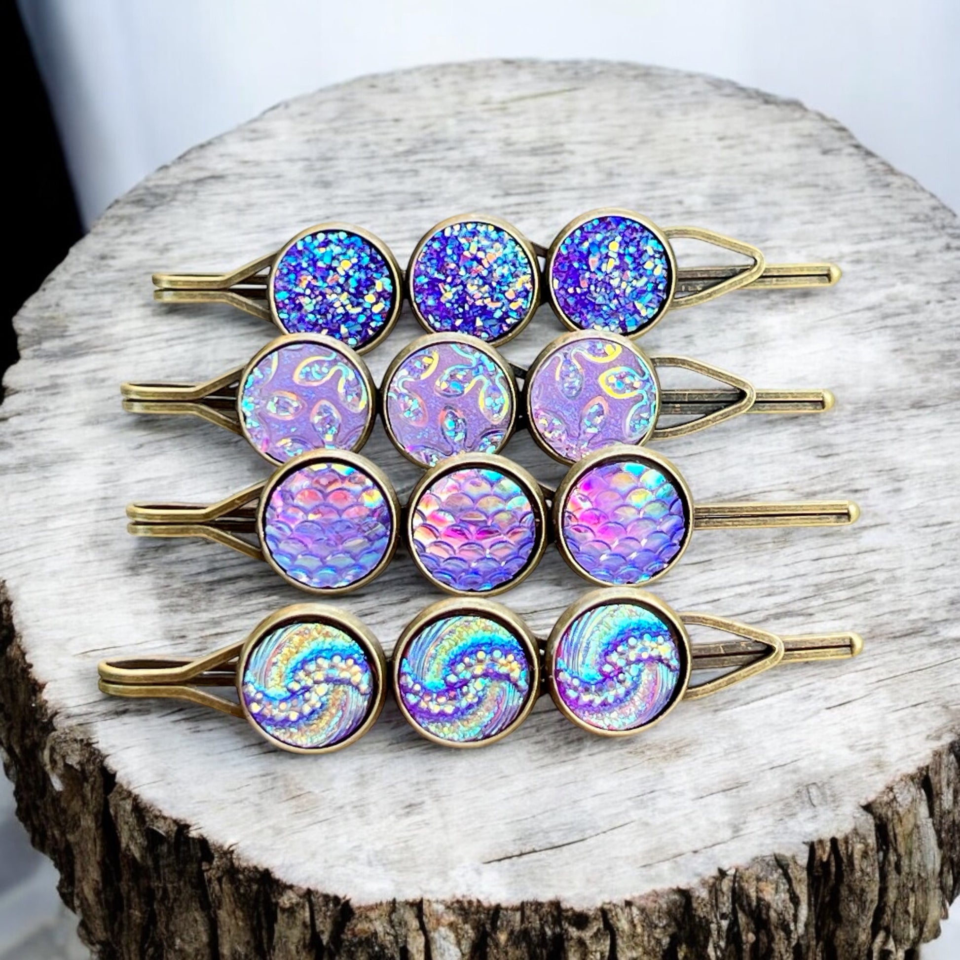 Purple Druzy Hair Pins: Set of 4 Stylish Accessories with Unique Patterns