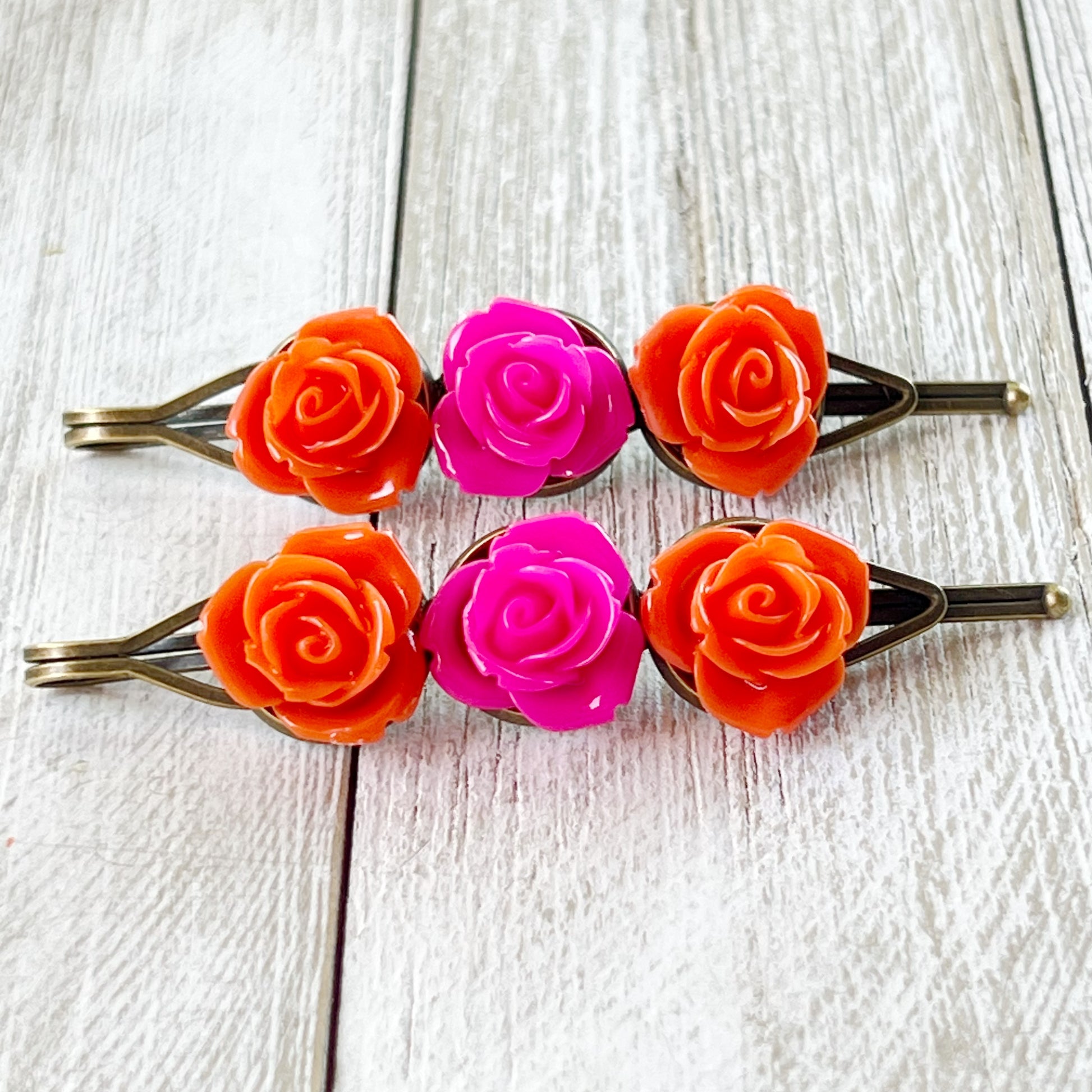 Orange & Hot Pink Rose Hair Pins – Bright Floral Hair Accessories Set