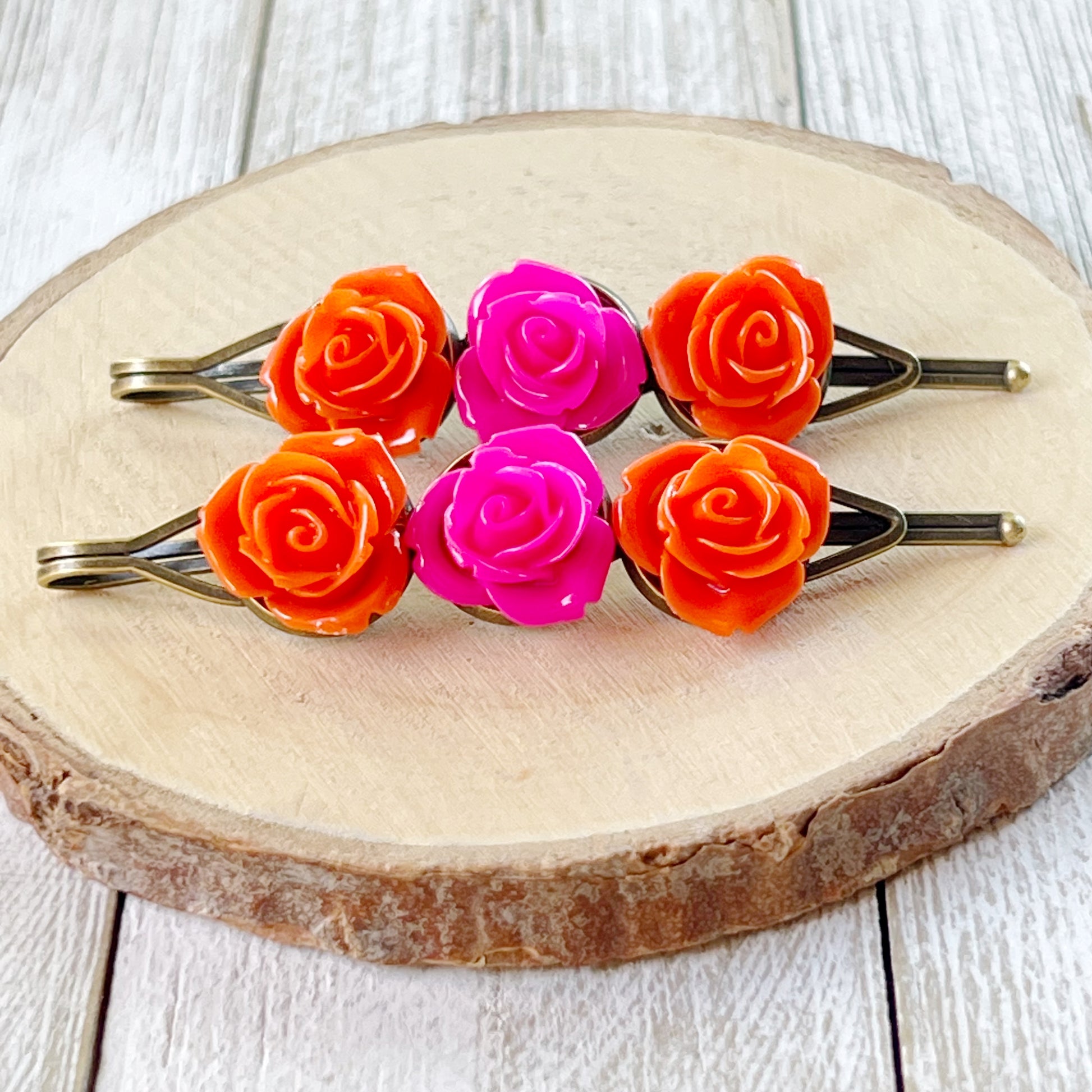 Orange & Hot Pink Rose Hair Pins – Bright Floral Hair Accessories Set