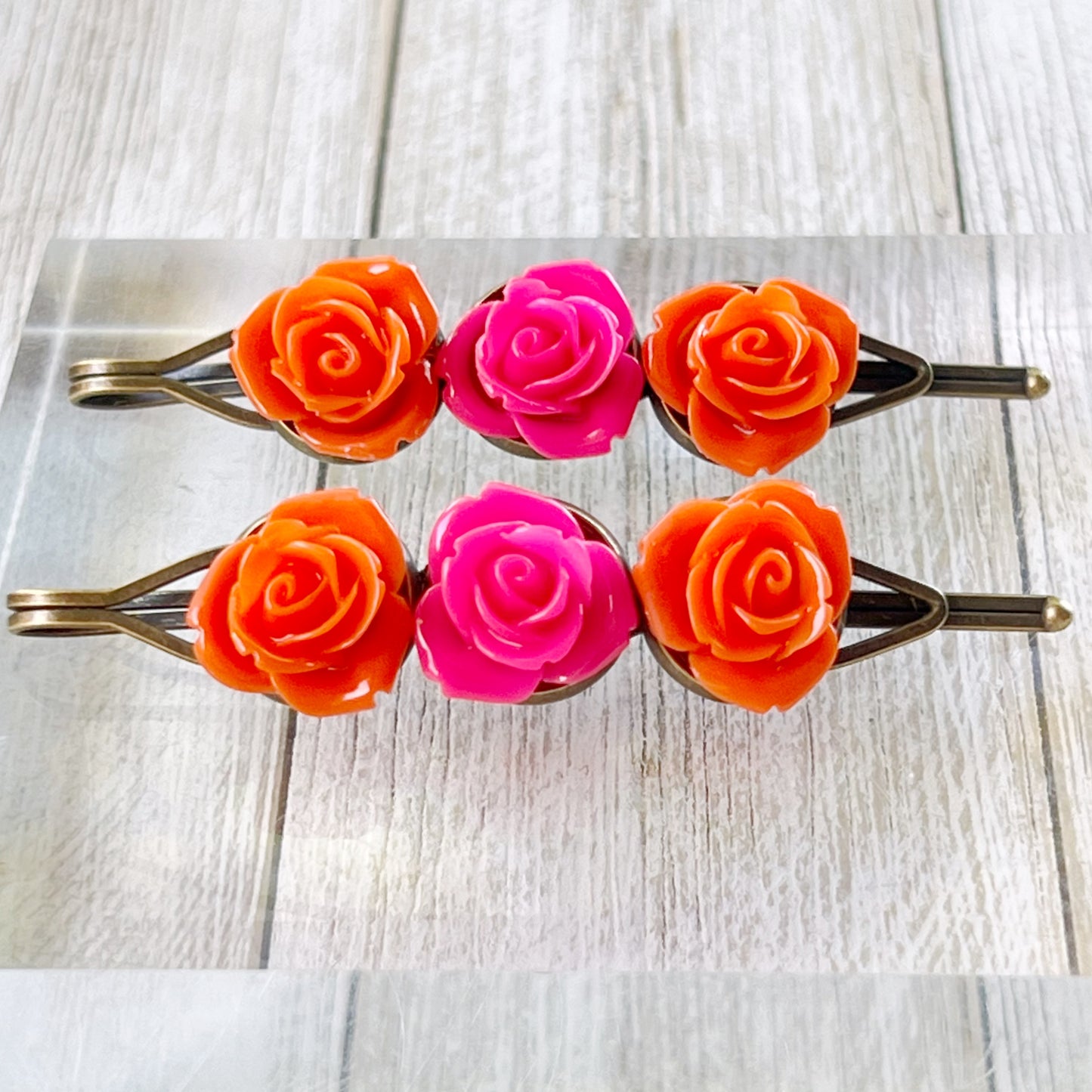 Orange & Hot Pink Rose Hair Pins – Bright Floral Hair Accessories Set