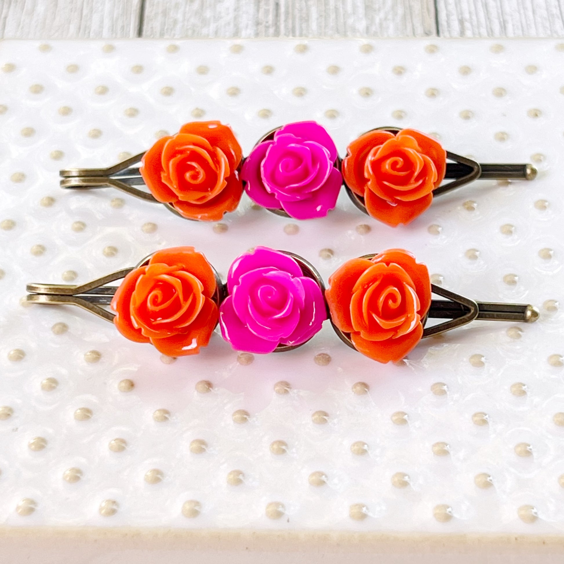 Orange & Hot Pink Rose Hair Pins – Bright Floral Hair Accessories Set