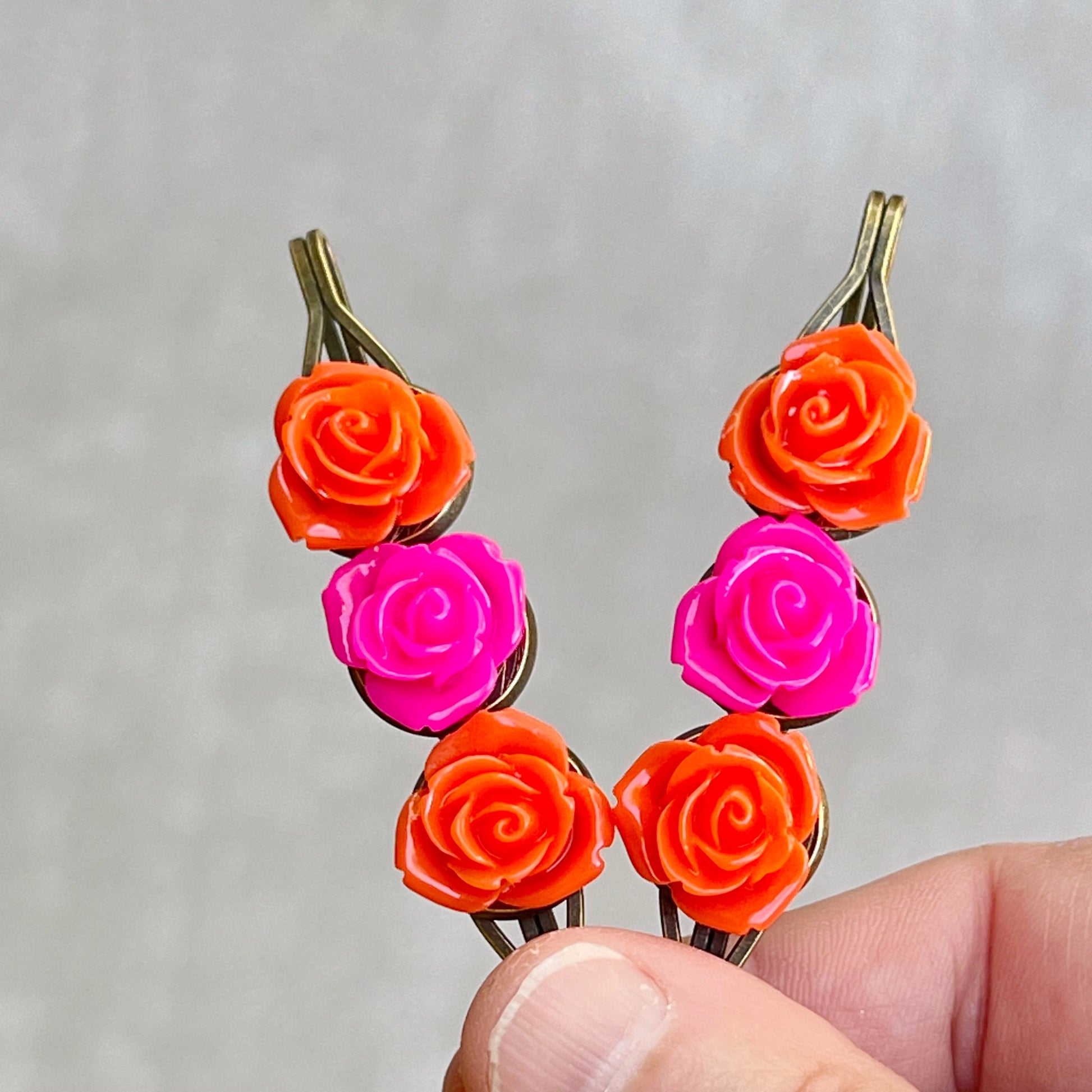 Orange & Hot Pink Rose Hair Pins – Bright Floral Hair Accessories Set
