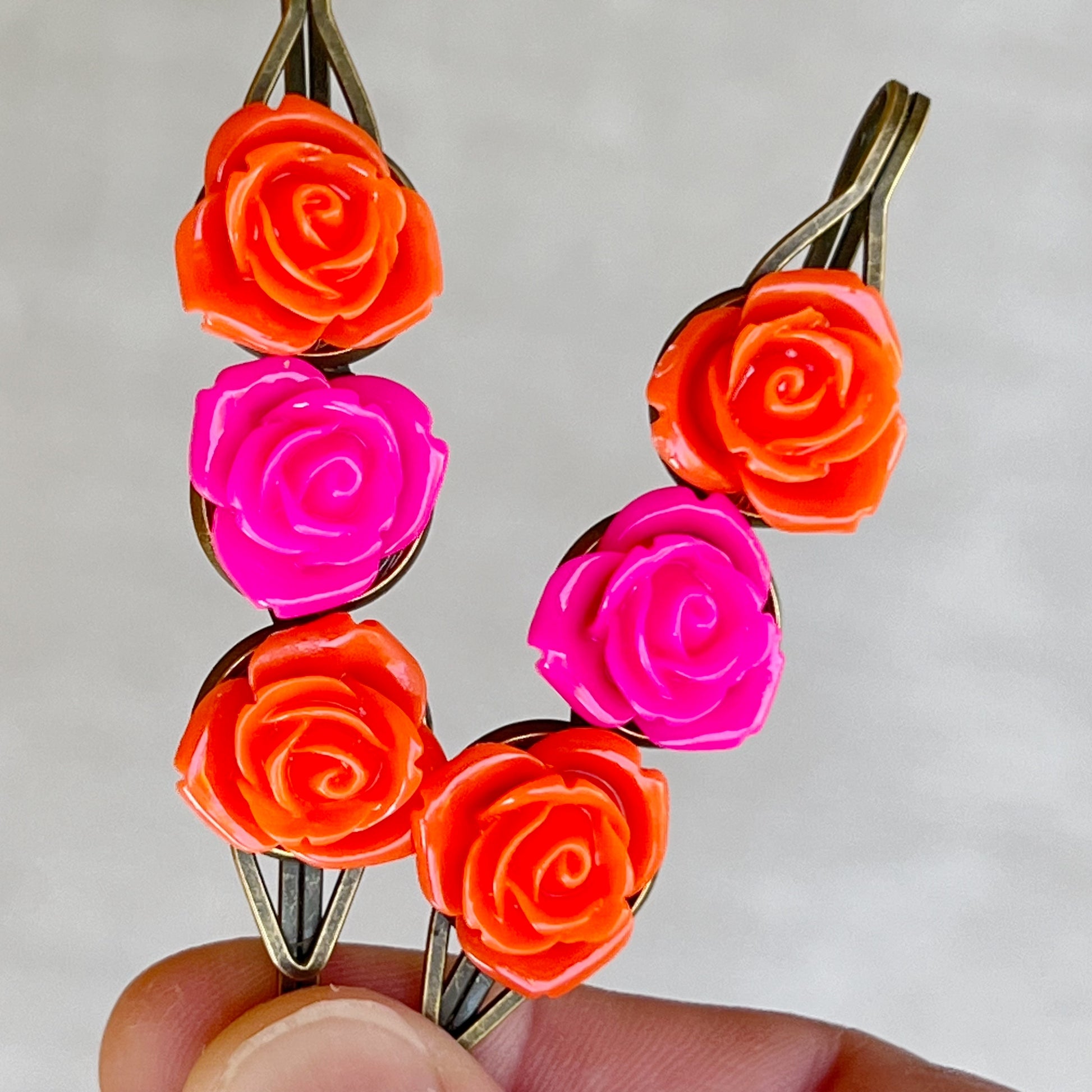Orange & Hot Pink Rose Hair Pins – Bright Floral Hair Accessories Set