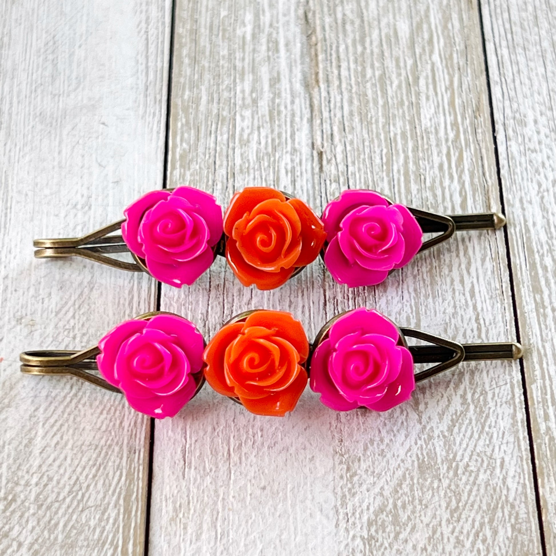 Hot Pink & Orange Rose Hair Pins – Bold Summer Flower Hair Clip Set