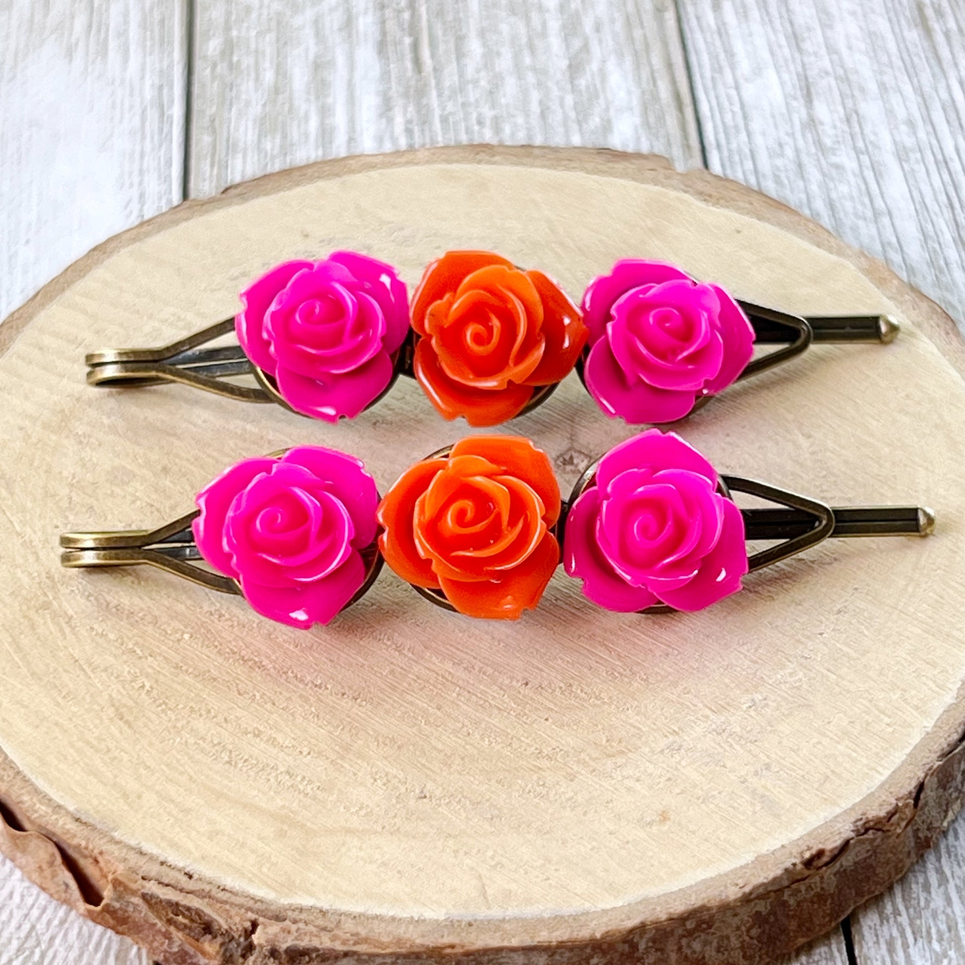 Hot Pink & Orange Rose Hair Pins – Bold Summer Flower Hair Clip Set