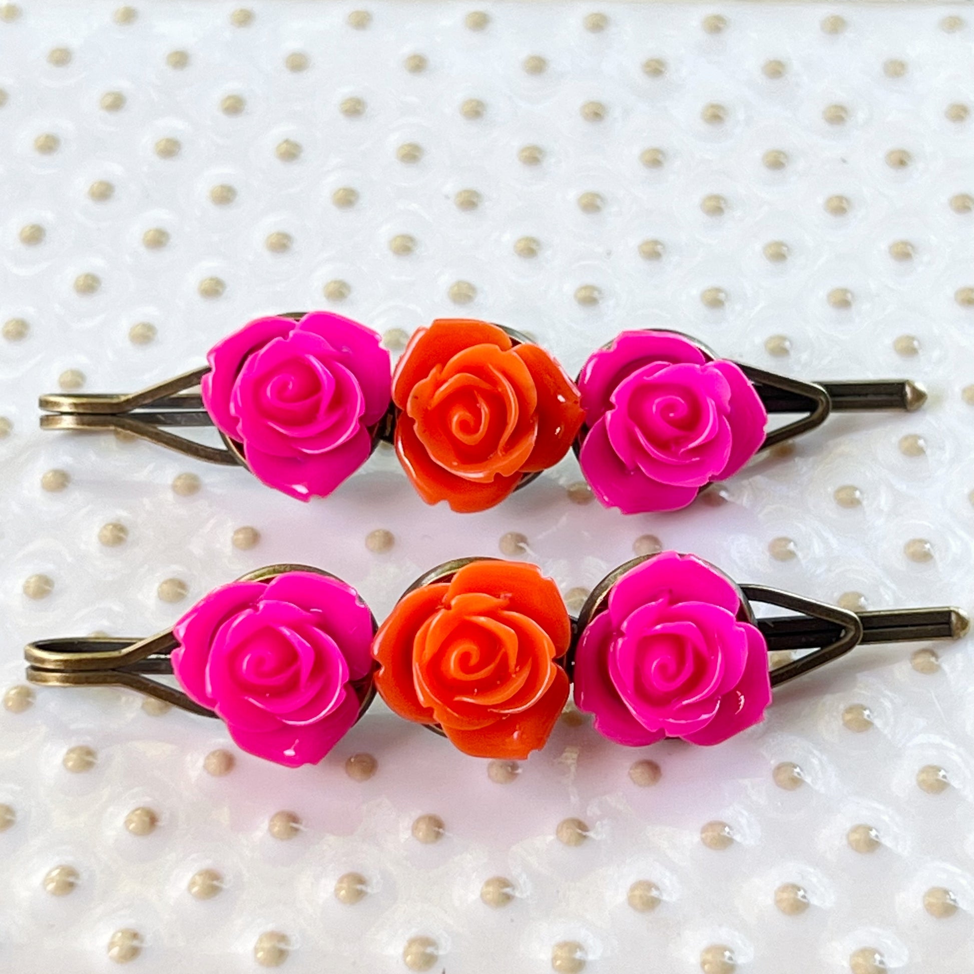 Hot Pink & Orange Rose Hair Pins – Bold Summer Flower Hair Clip Set