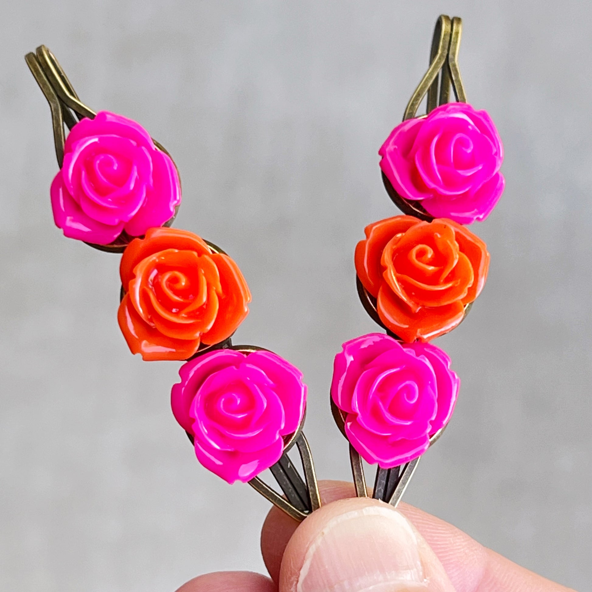 Hot Pink & Orange Rose Hair Pins – Bold Summer Flower Hair Clip Set