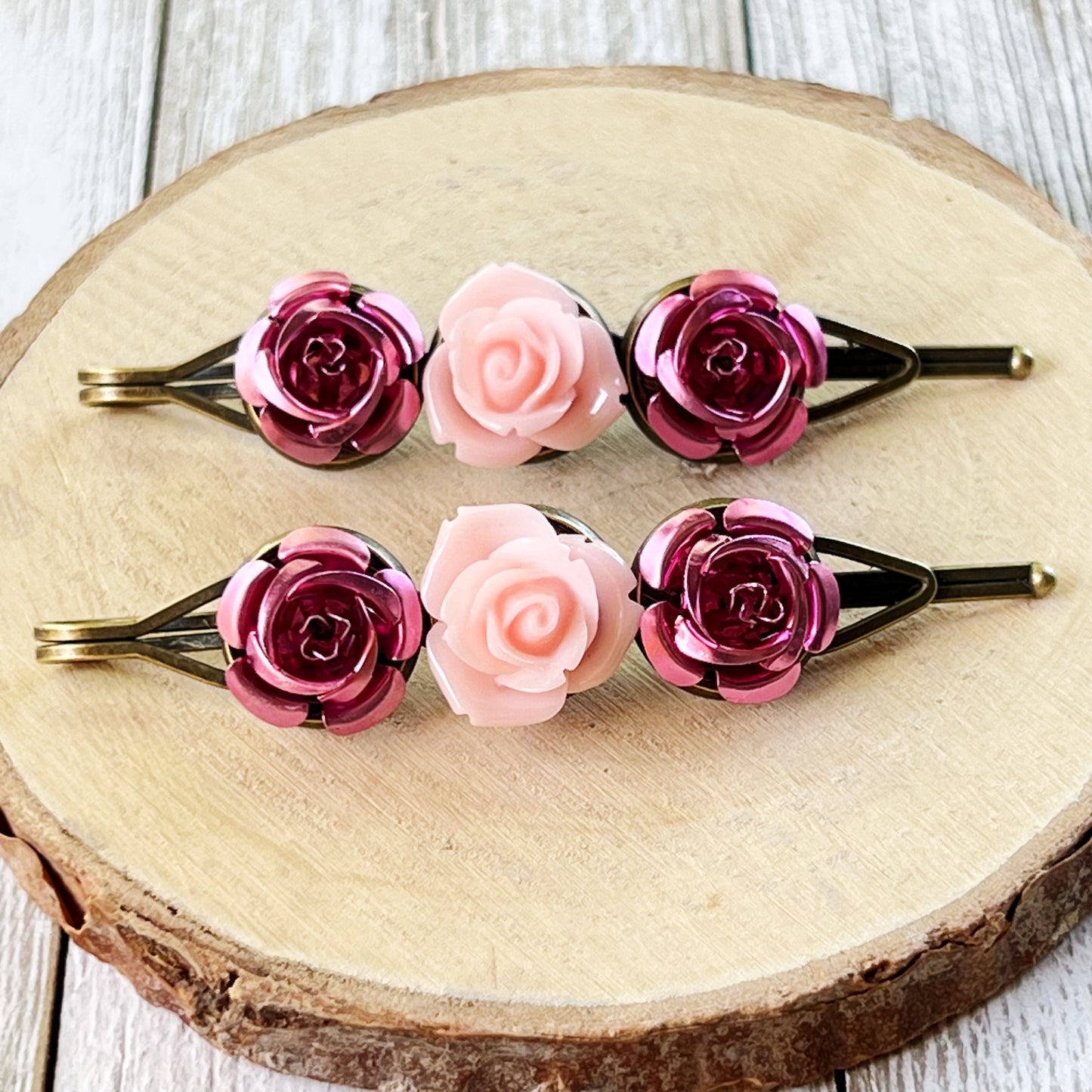 Blush & Rose Metallic Hair Pins – Pink Flower Hair Clip Set with Vintage Charm