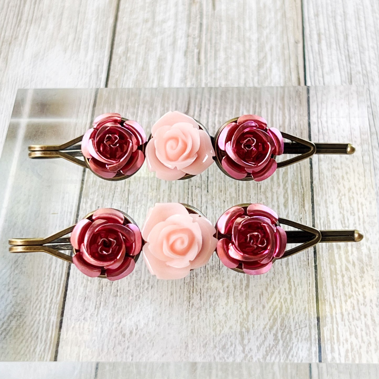 Blush & Rose Metallic Hair Pins – Pink Flower Hair Clip Set with Vintage Charm